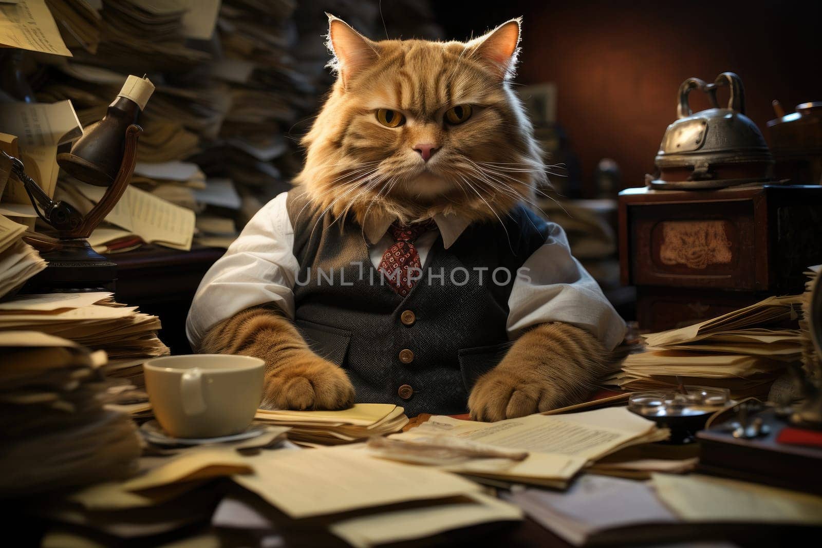 Business cat working with paperwork at office. Generative AI.