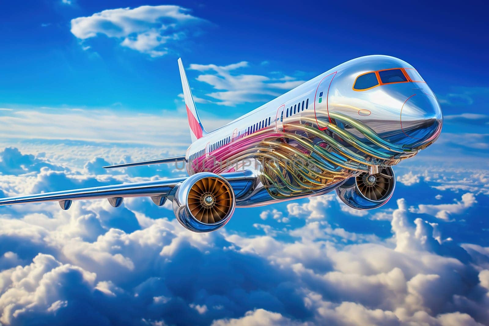 Fantastic plane of the future in the sky. High quality illustration