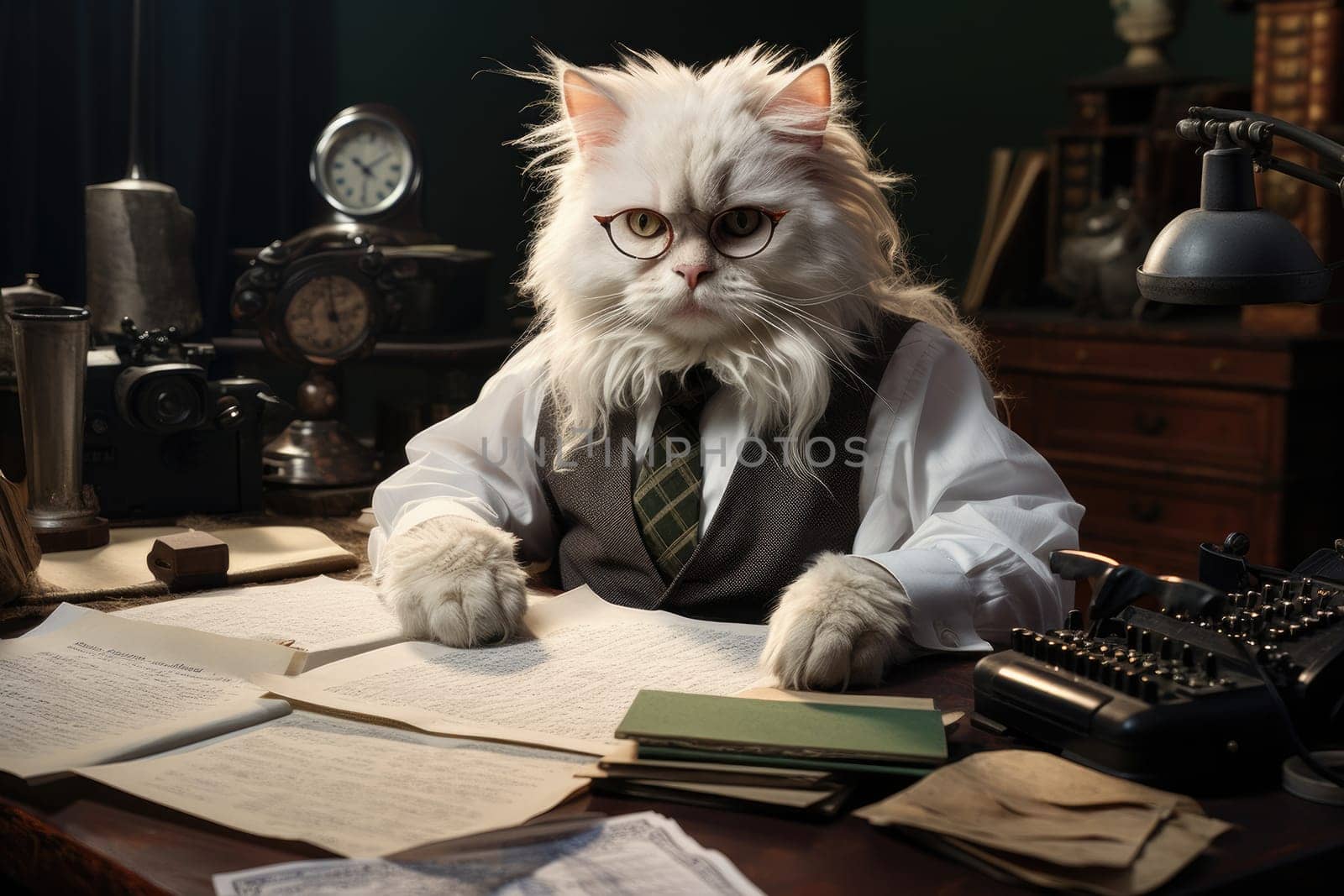 Business cat working with paperwork at office. Generative AI by itchaznong