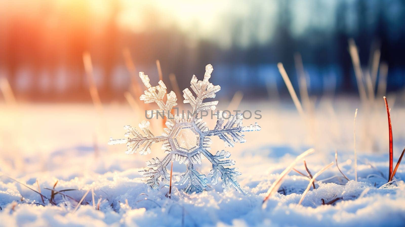 Large symmetrical snowflake on the snow close-up. New Year holiday concept. High quality photo