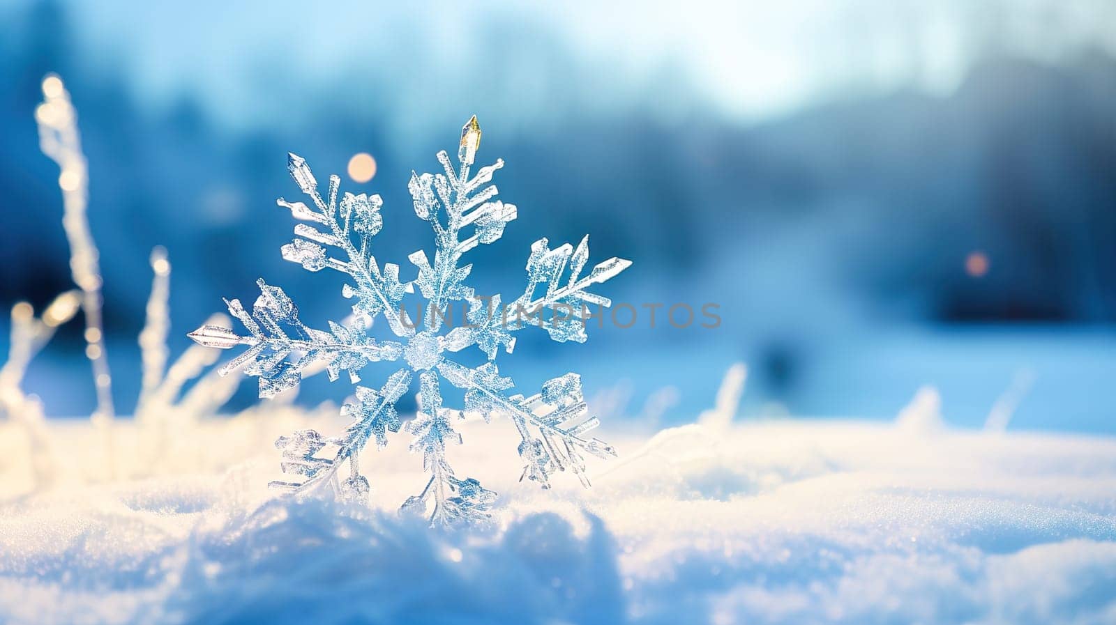Large symmetrical snowflake on the snow close-up. New Year holiday concept. High quality photo