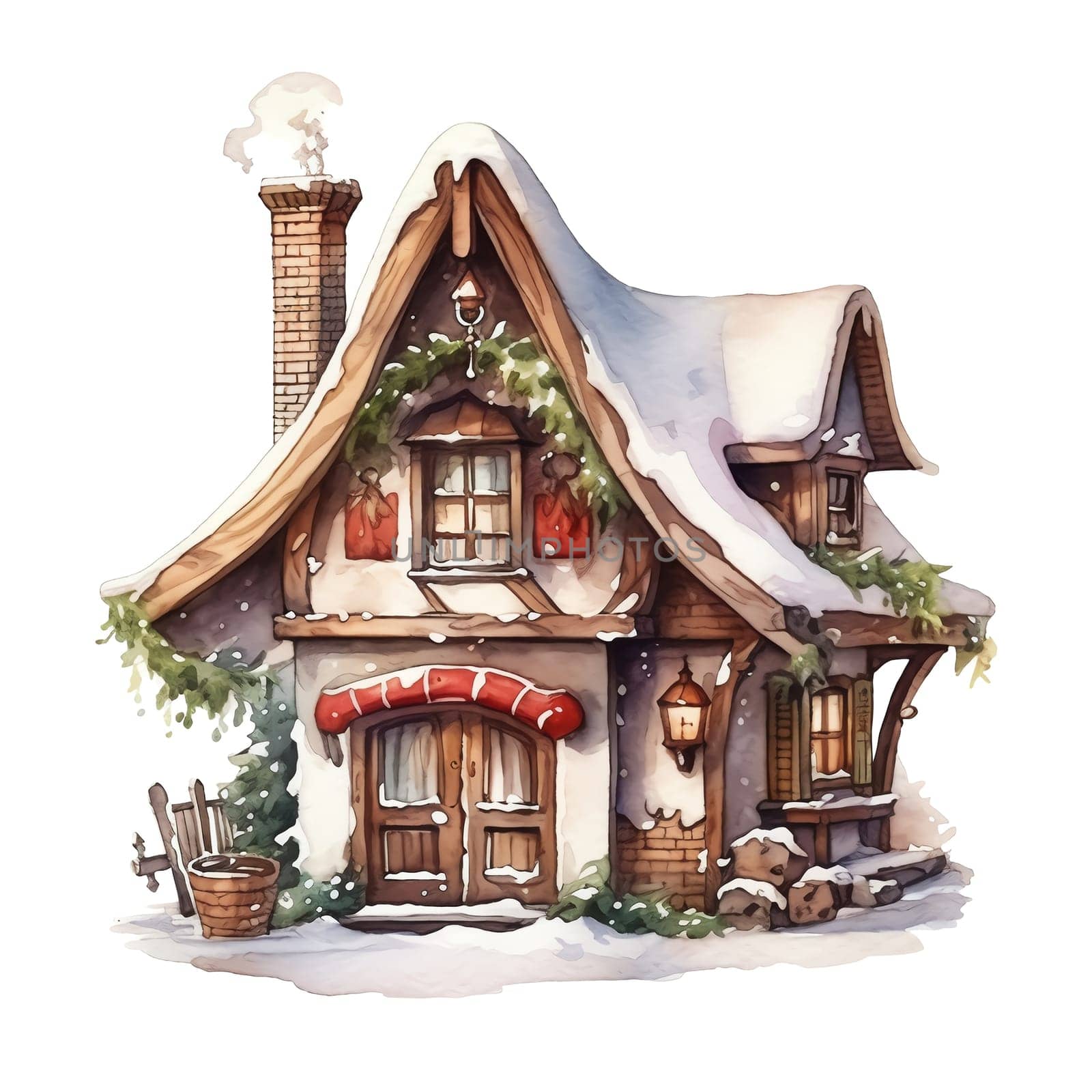 Christmas House Clipart, Watercolor Christmas Village AI Generated.