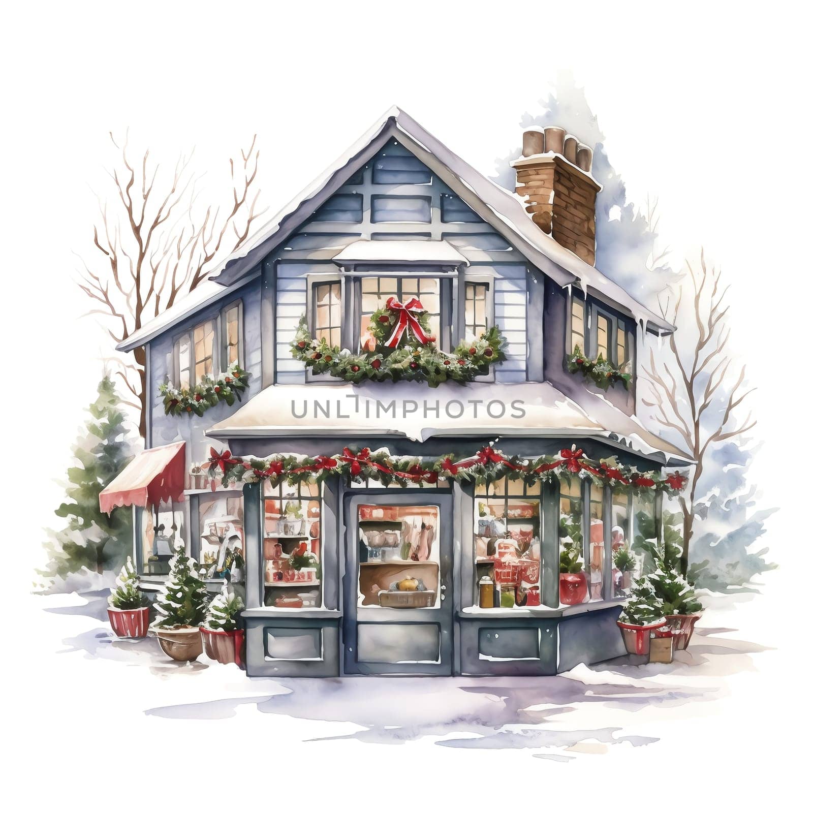 Christmas House Clipart, Watercolor Christmas Village AI Generated.