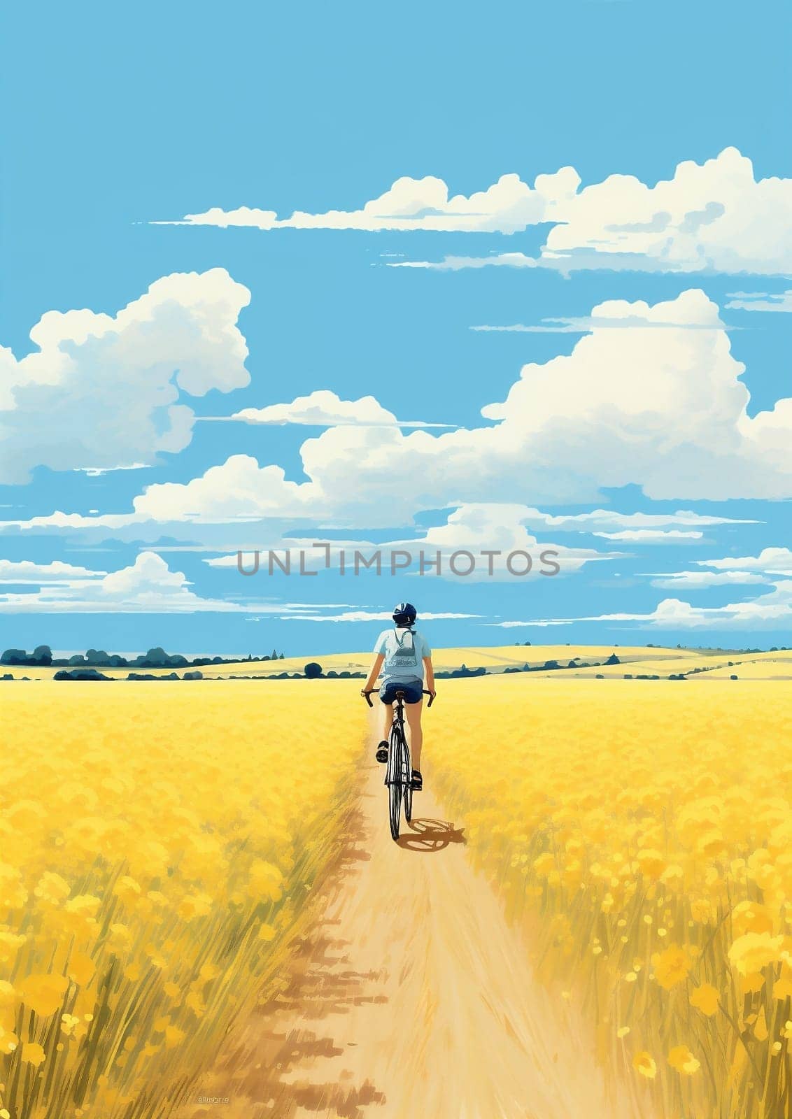 Crop man path environment nature sky country land landscape yellow blue meadow rural road spring field plant green agricultural countryside summer