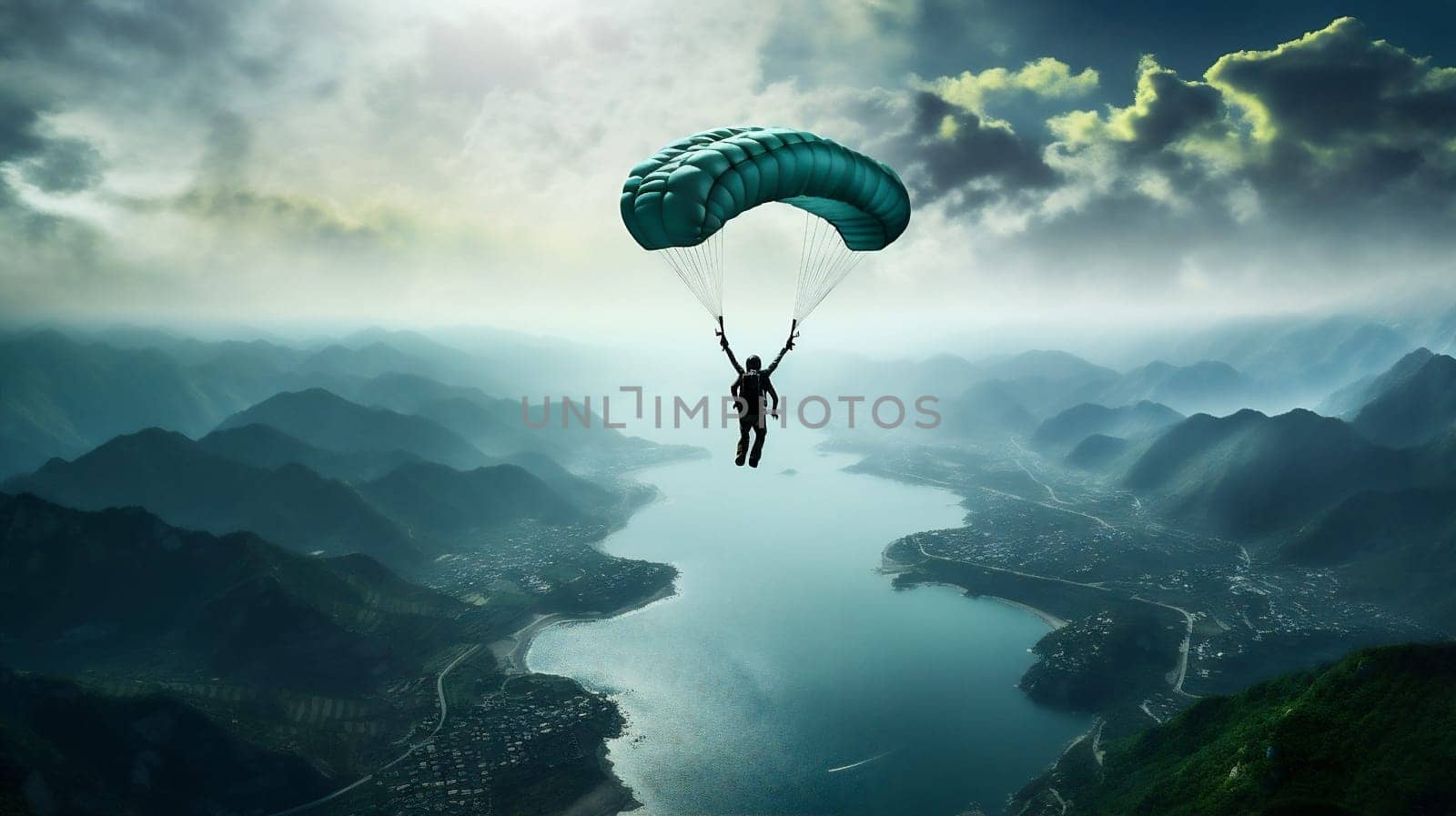 People sky paragliding adventure mountain sport extreme parachute blue flying by Vichizh