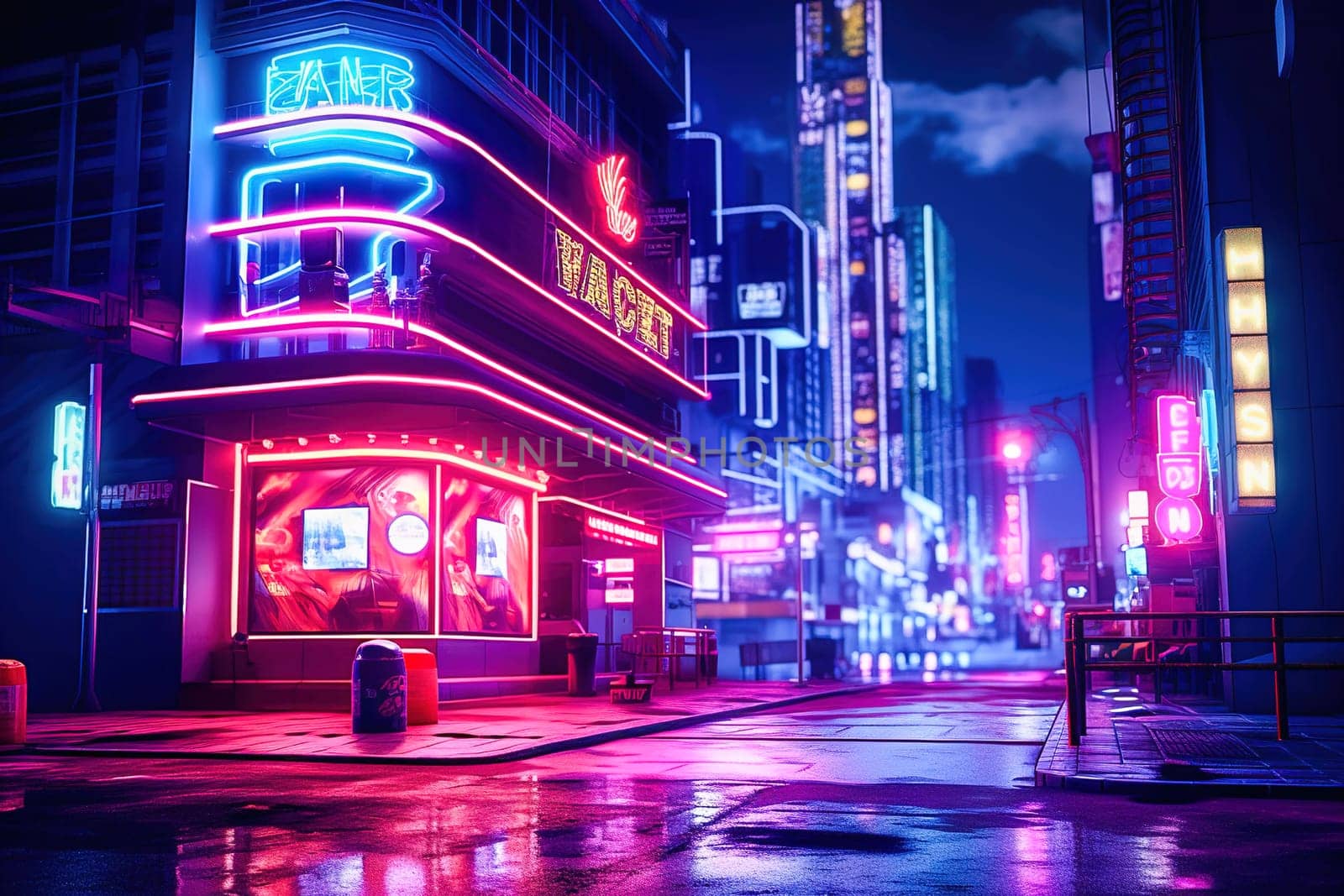 Neon signs and lights in an empty city at night. High quality photo