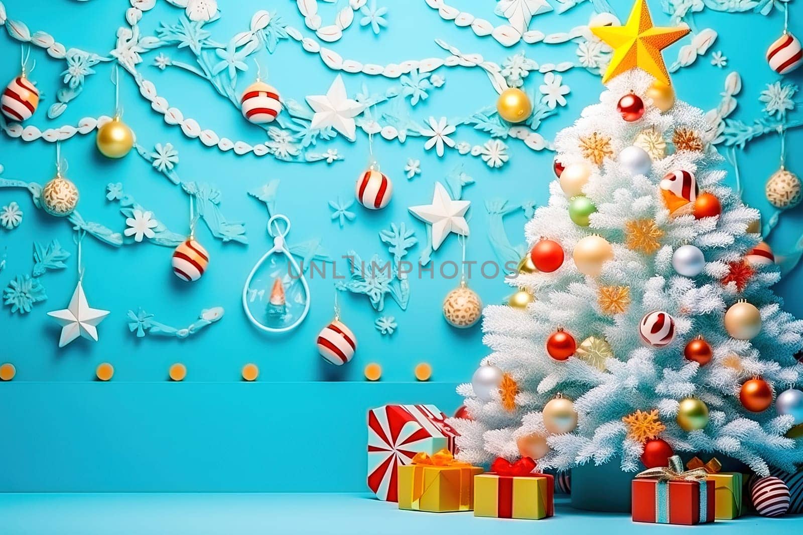 New Year's tree with gifts and snowflakes made of paper. Concept of New Year celebration. High quality illustration