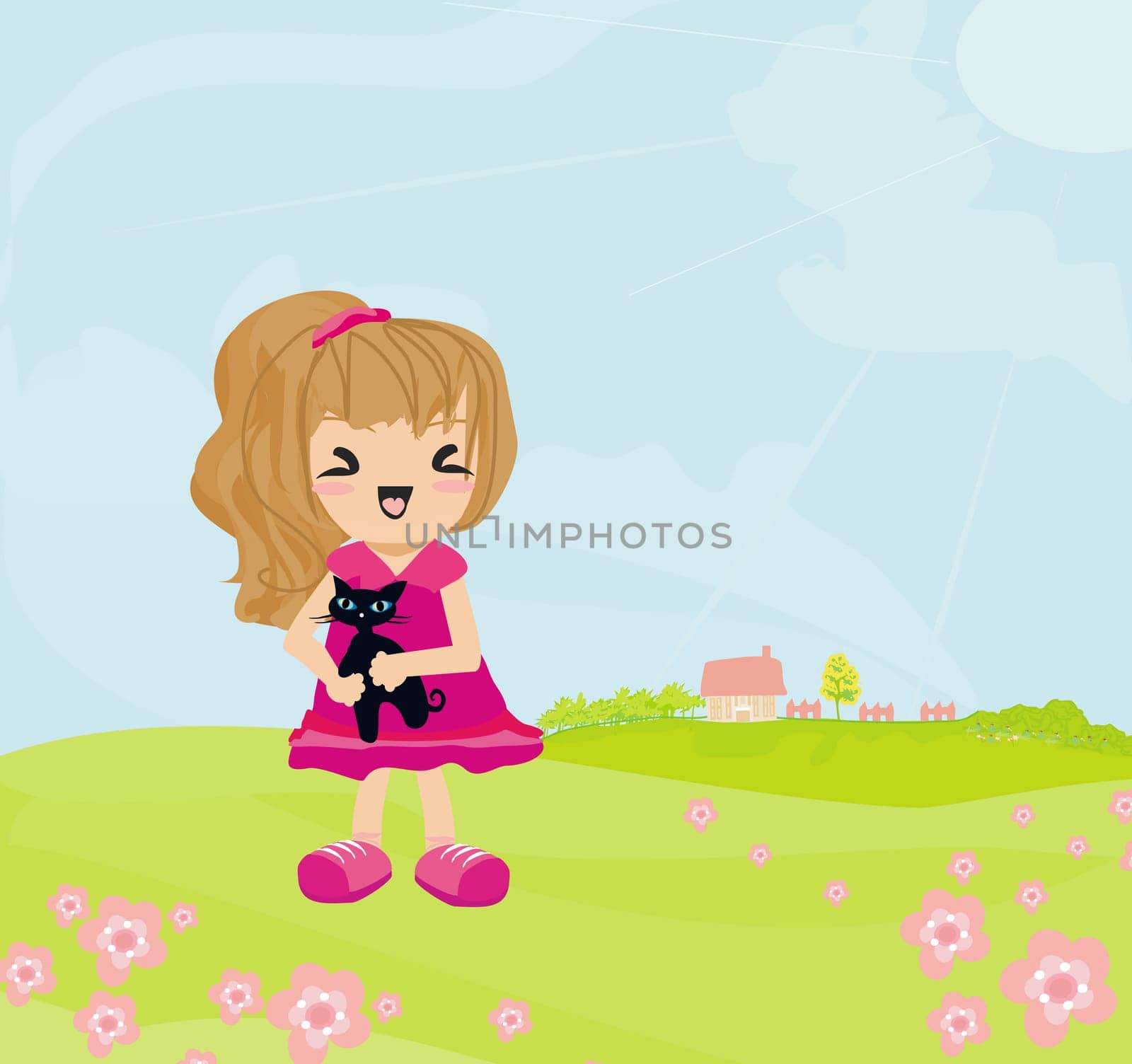 sweet girl and her kitty  on rural landscape