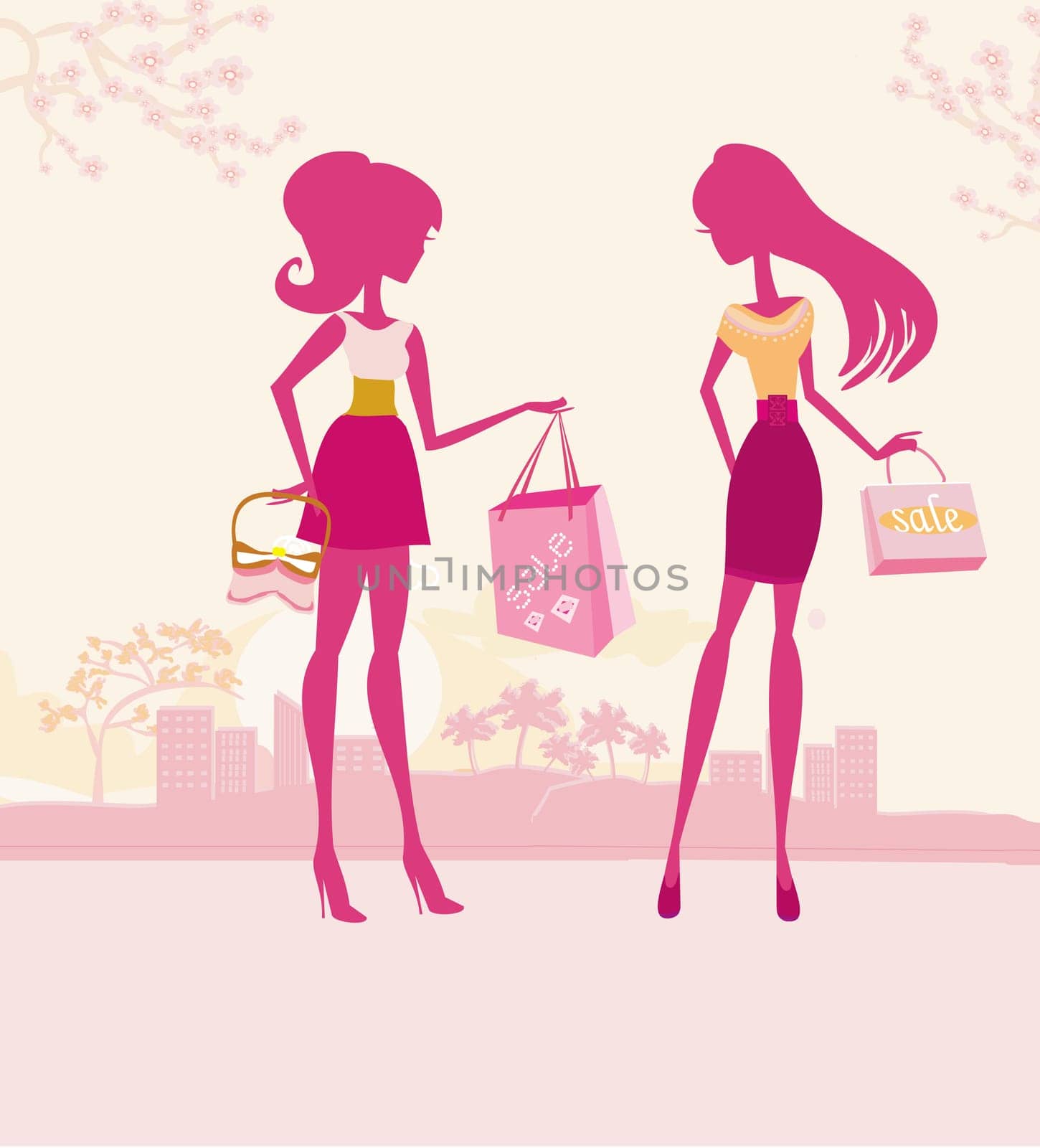 Elegant  fashion two womans shopping  in the city illustration vector