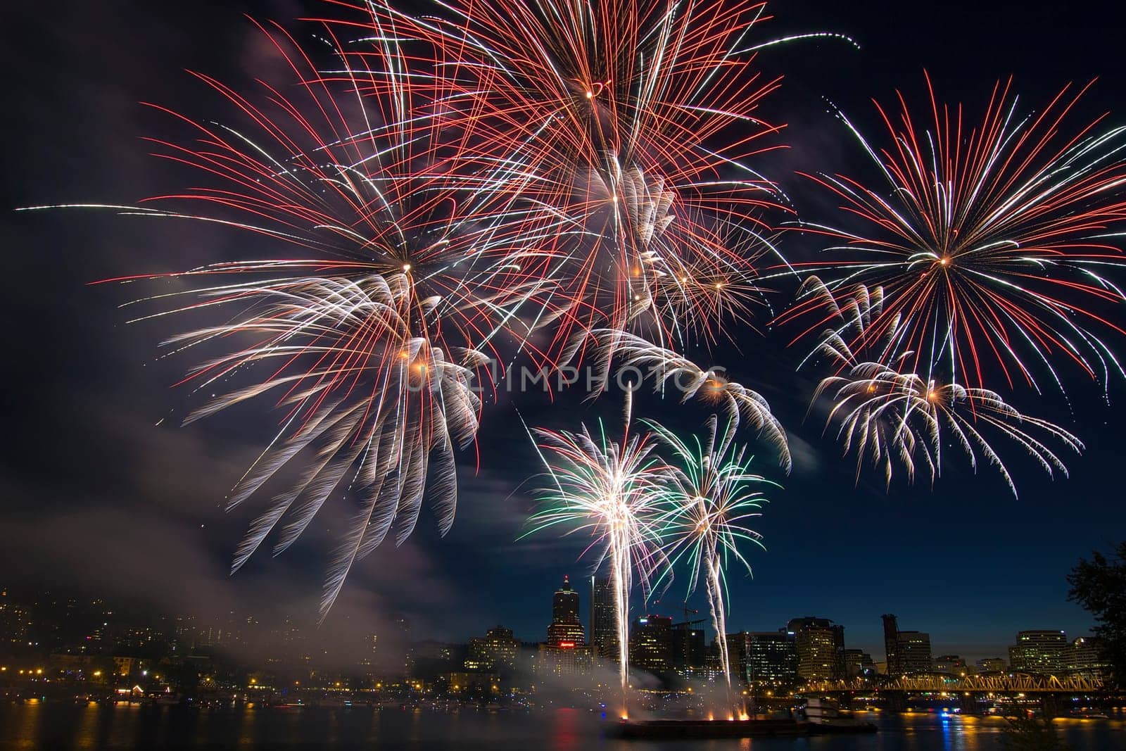4th of July Fireworks Display in Portland Oregon Along Willamette River Waterfront