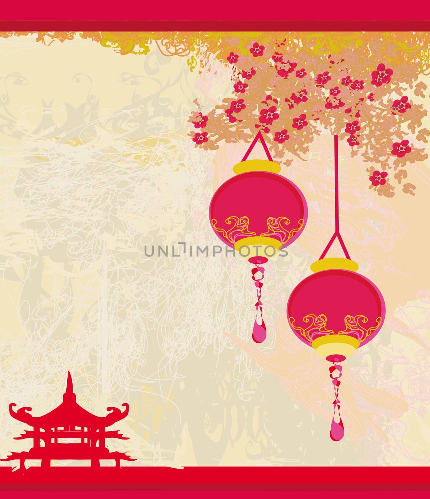 old paper with Asian Landscape and Chinese Lanterns - vintage japanese style background
