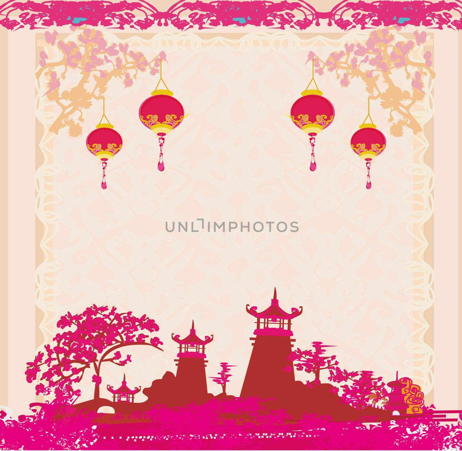 old paper with Asian Landscape and Chinese Lanterns - vintage japanese style background