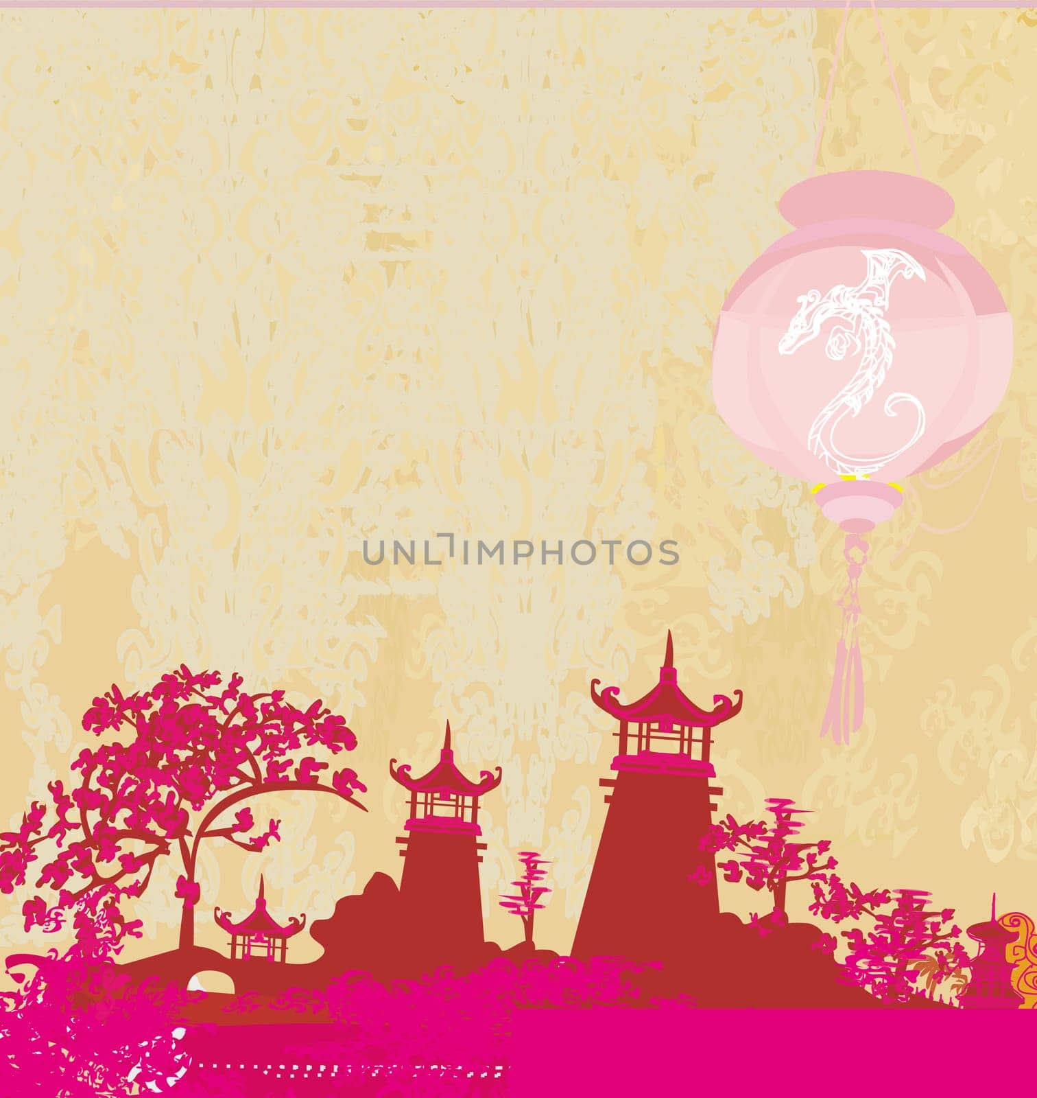 old paper with Asian Landscape and Chinese Lanterns - vintage japanese style background
