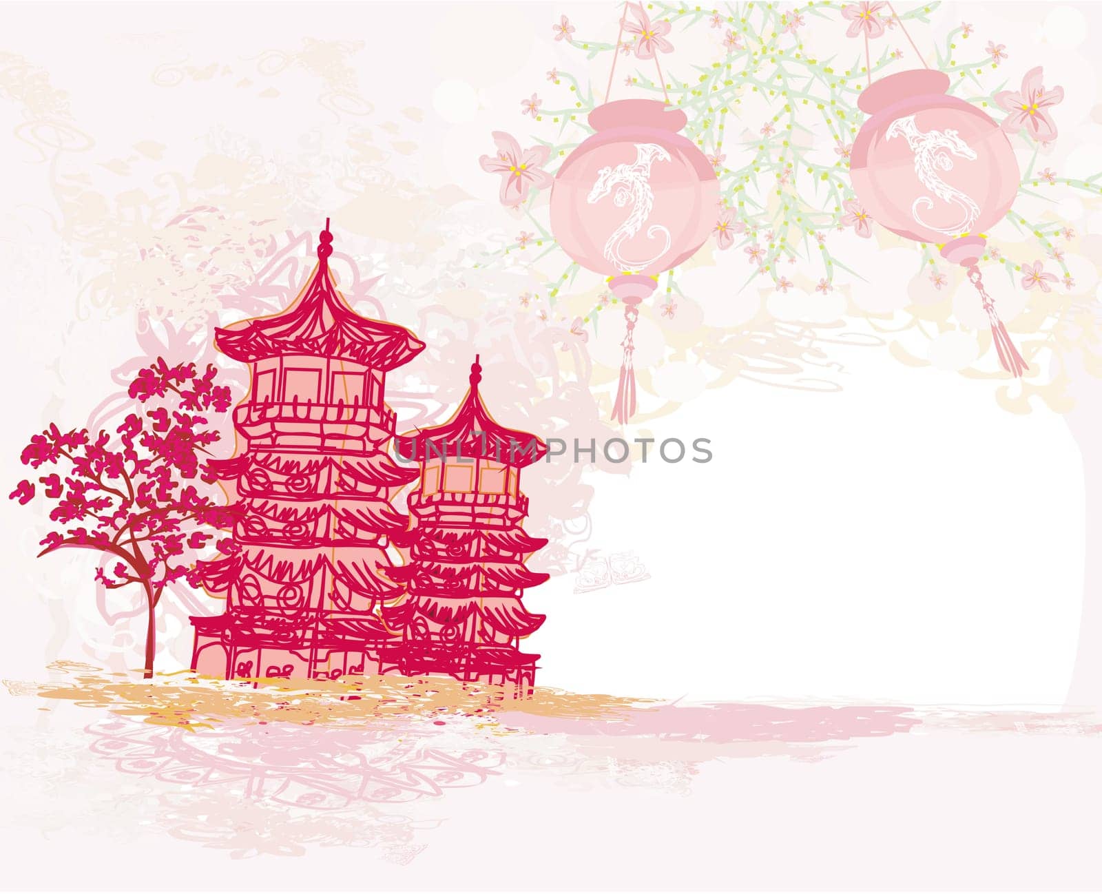 old paper with Asian Landscape and Chinese Lanterns - vintage japanese style background