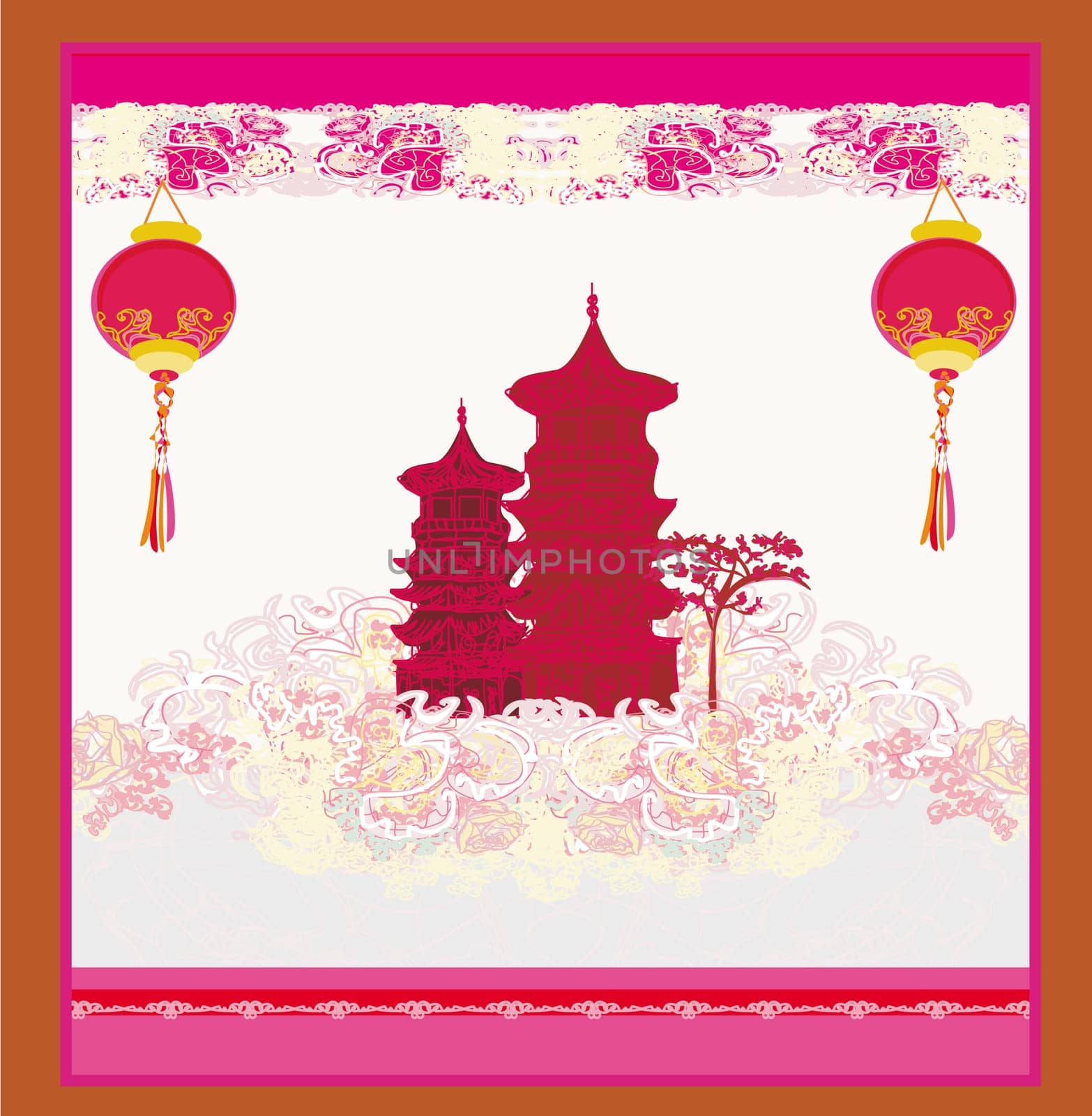 old paper with Asian Landscape and Chinese Lanterns - vintage japanese style background