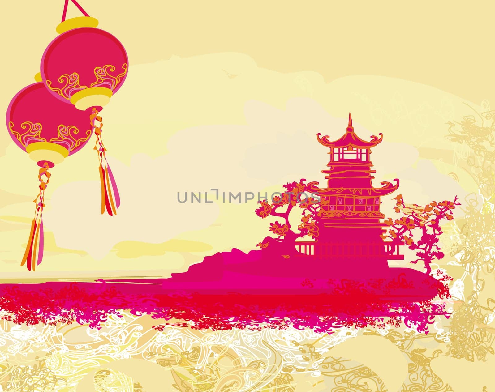 old paper with Asian Landscape and Chinese Lanterns - vintage japanese style background