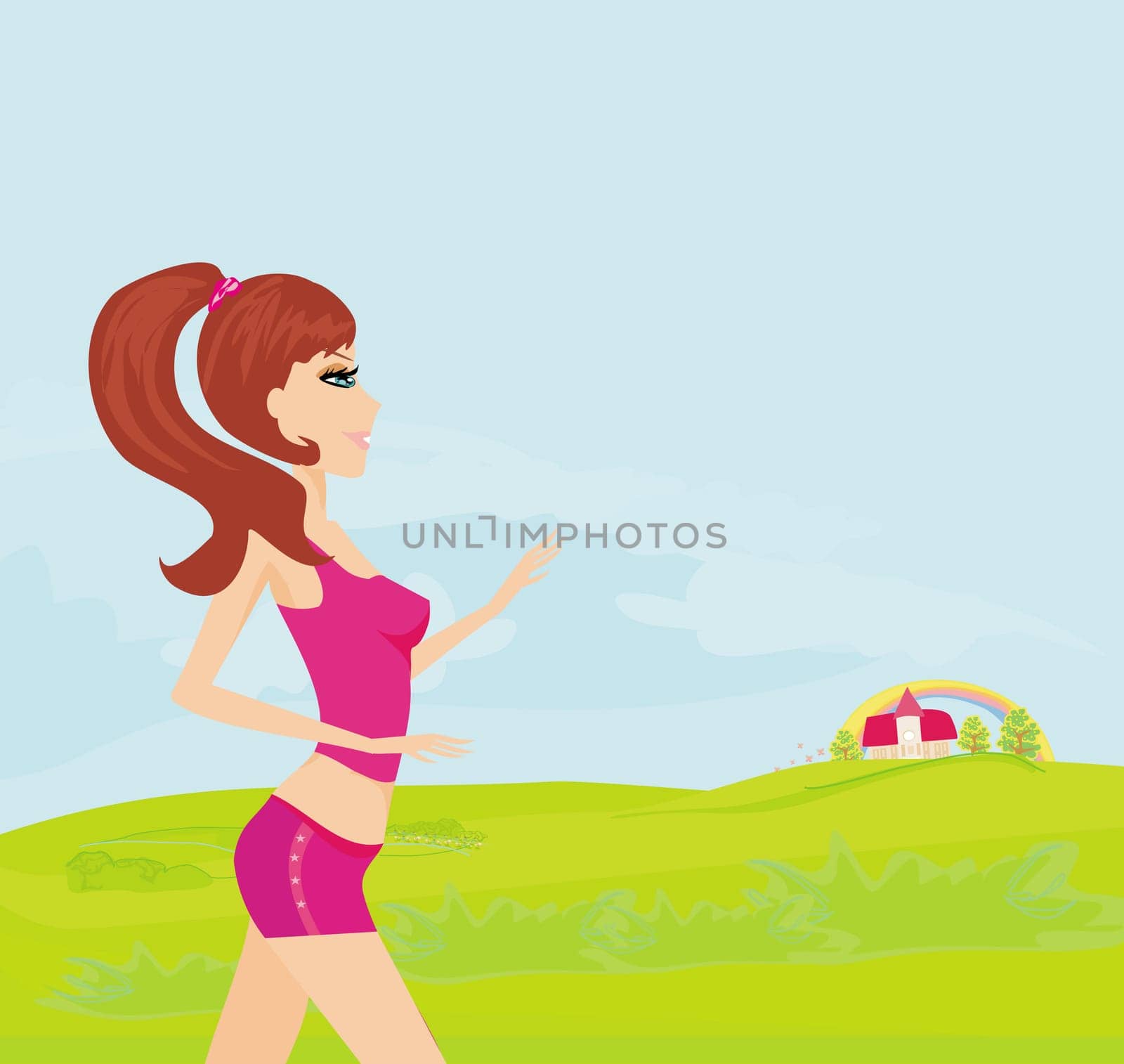 Jogging girl in summer on rural landscape