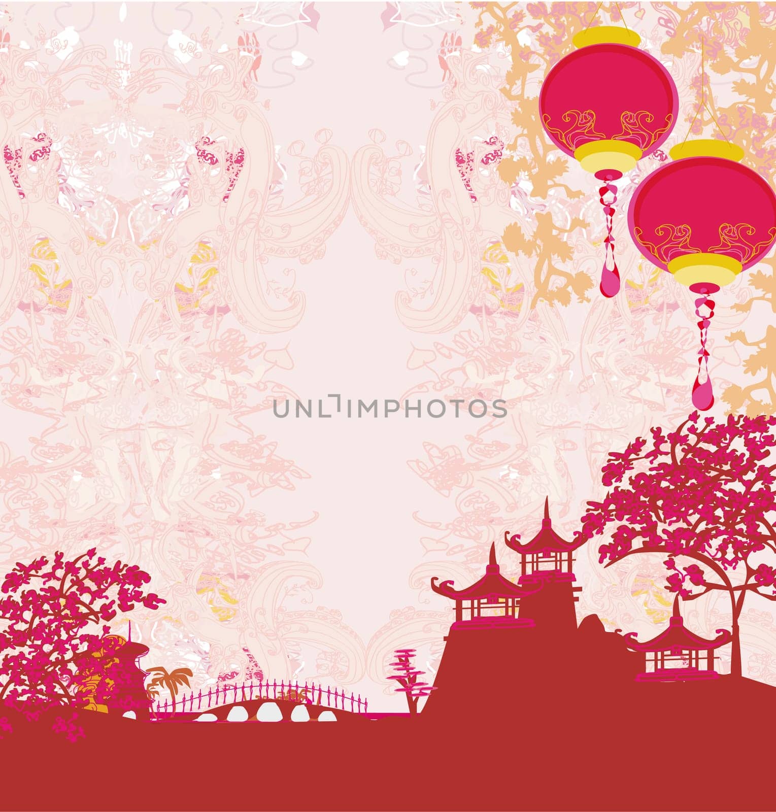 old paper with Asian Landscape and Chinese Lanterns - vintage japanese style background