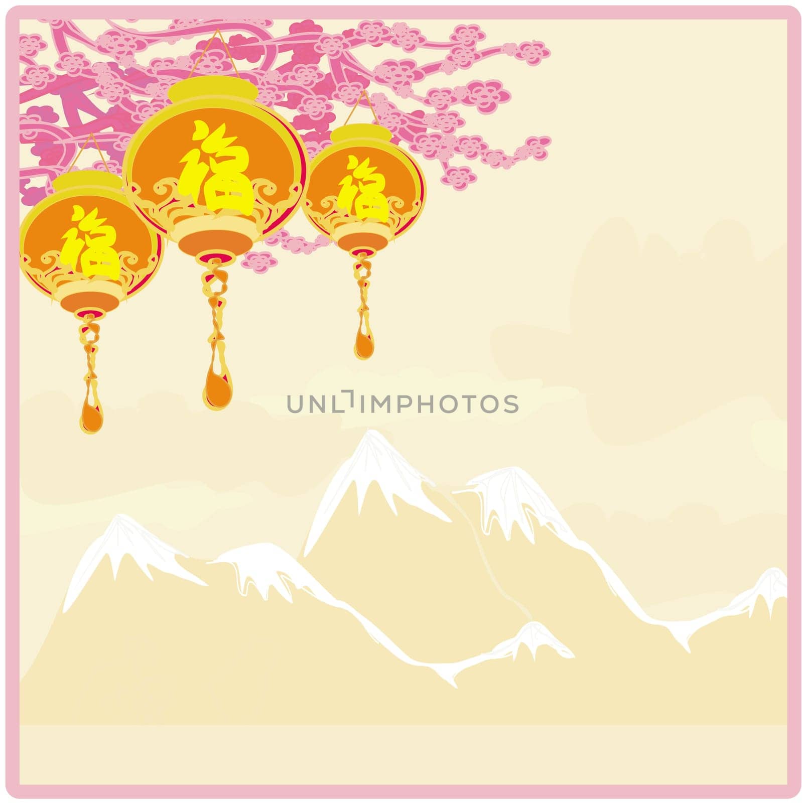 Chinese New Year card with asian lanterns and mountain landscape