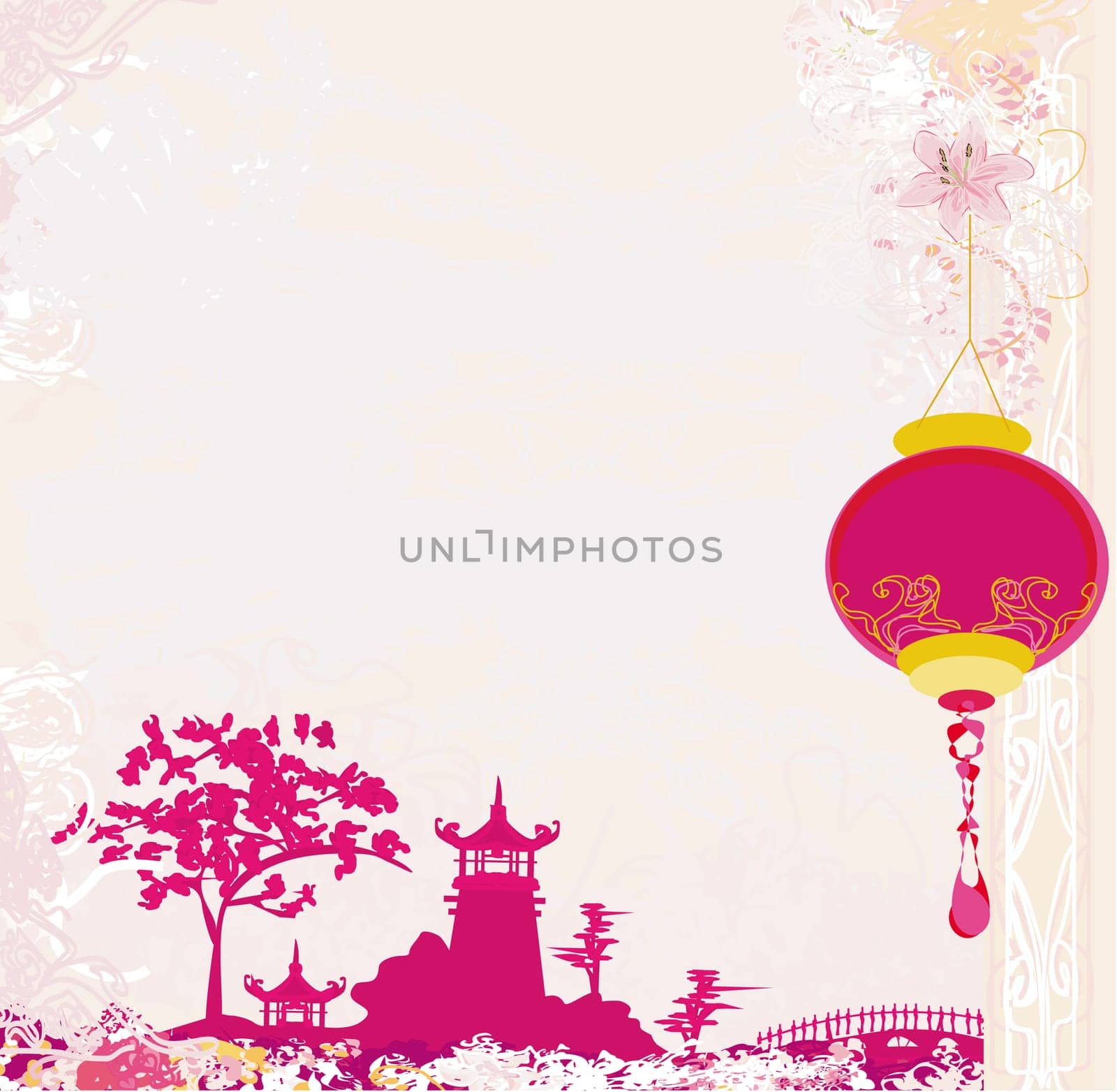 old paper with Asian Landscape and Chinese Lanterns - vintage japanese style background