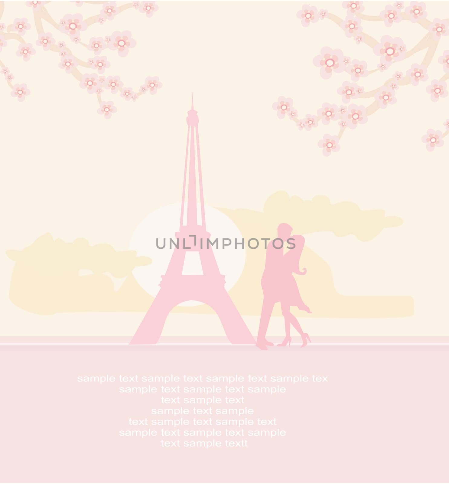 Romantic couple in Paris kissing near the Eiffel Tower Retro card