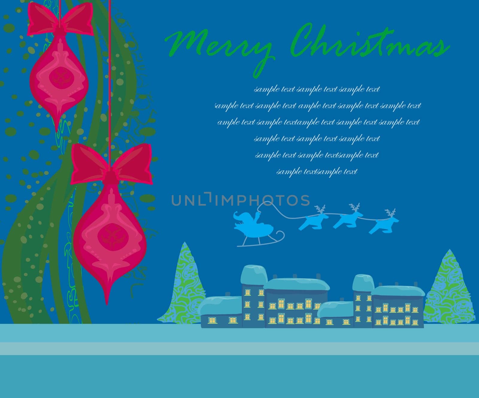 Happy New year card with Santa above village and winter landscape
