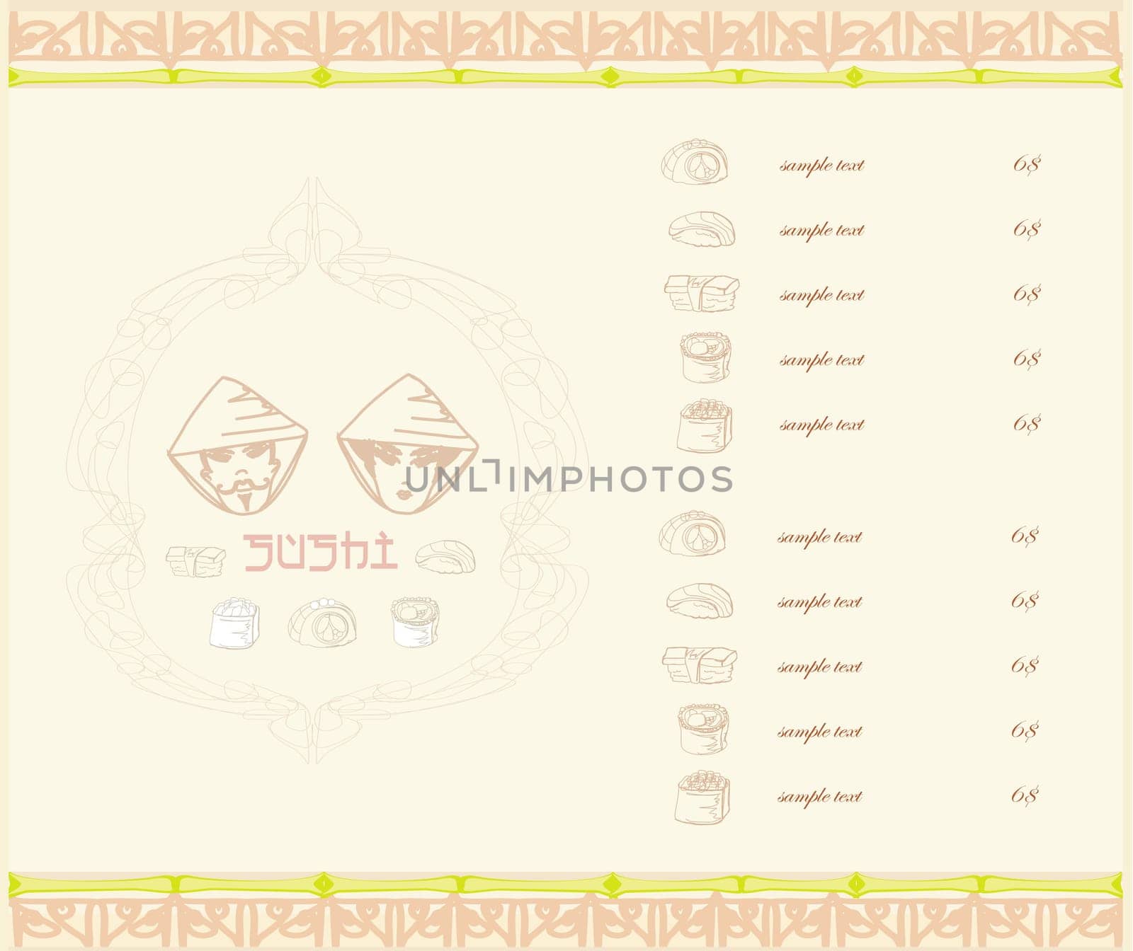 cute sushi cartoon illustration - vector card