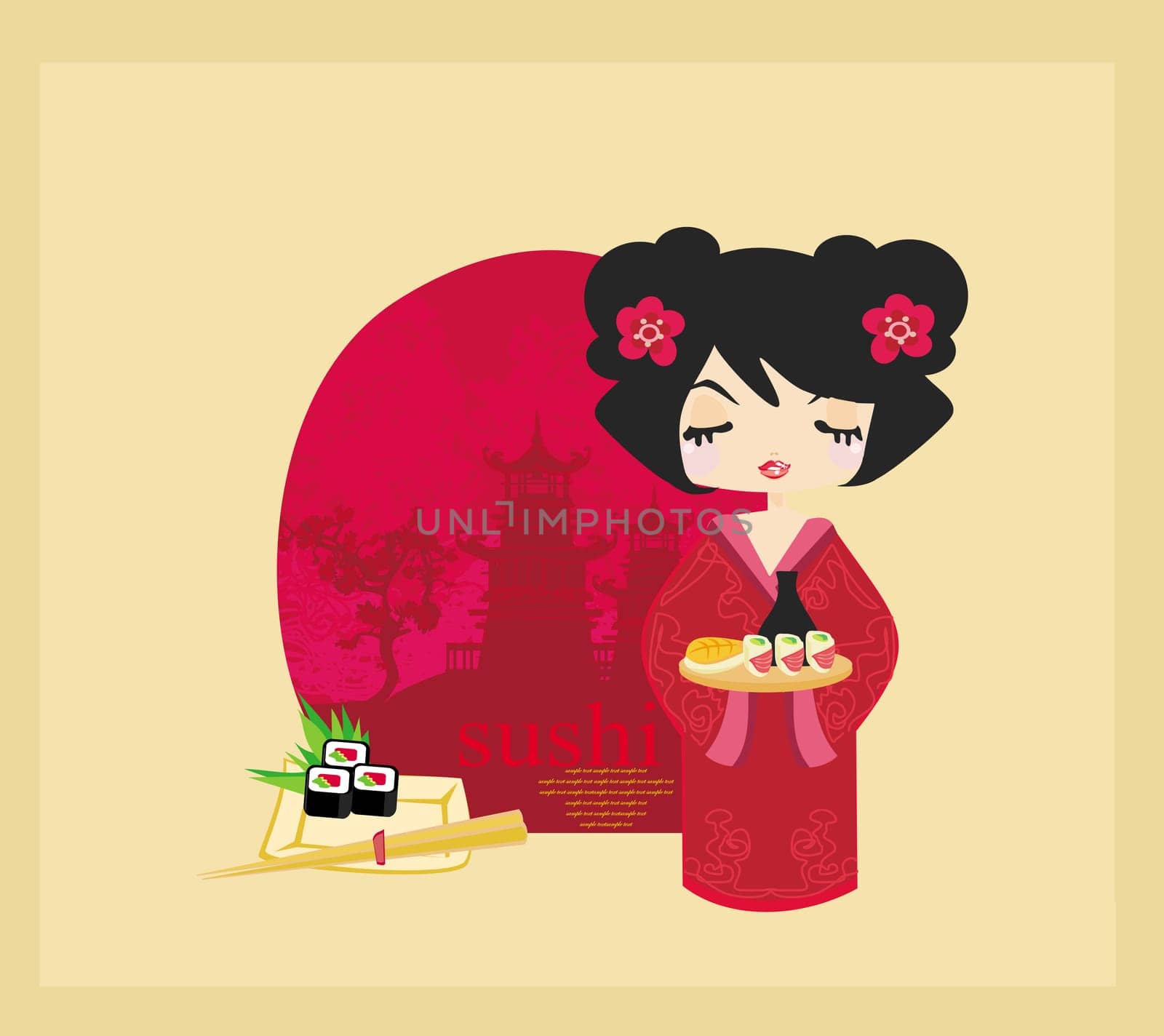 beautiful Asian girl enjoy sushi - menu template
