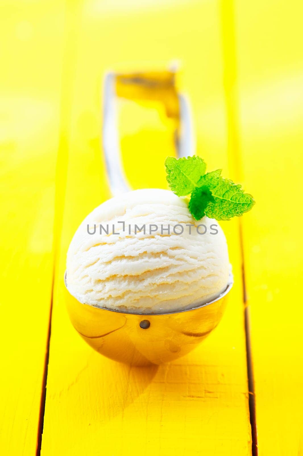 Metal icecream scoop filled with a ball of creamy vanilla icecream topped with a sprig of fresh green mint