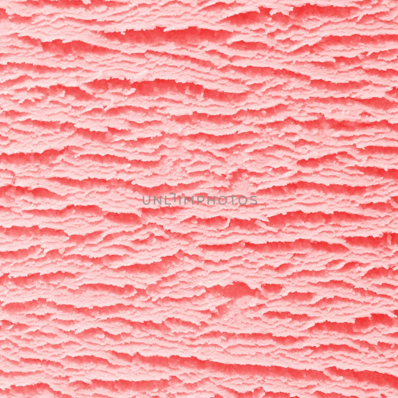 Macro background of the surface texture of a scoop of creamy strawberry icecream in square format