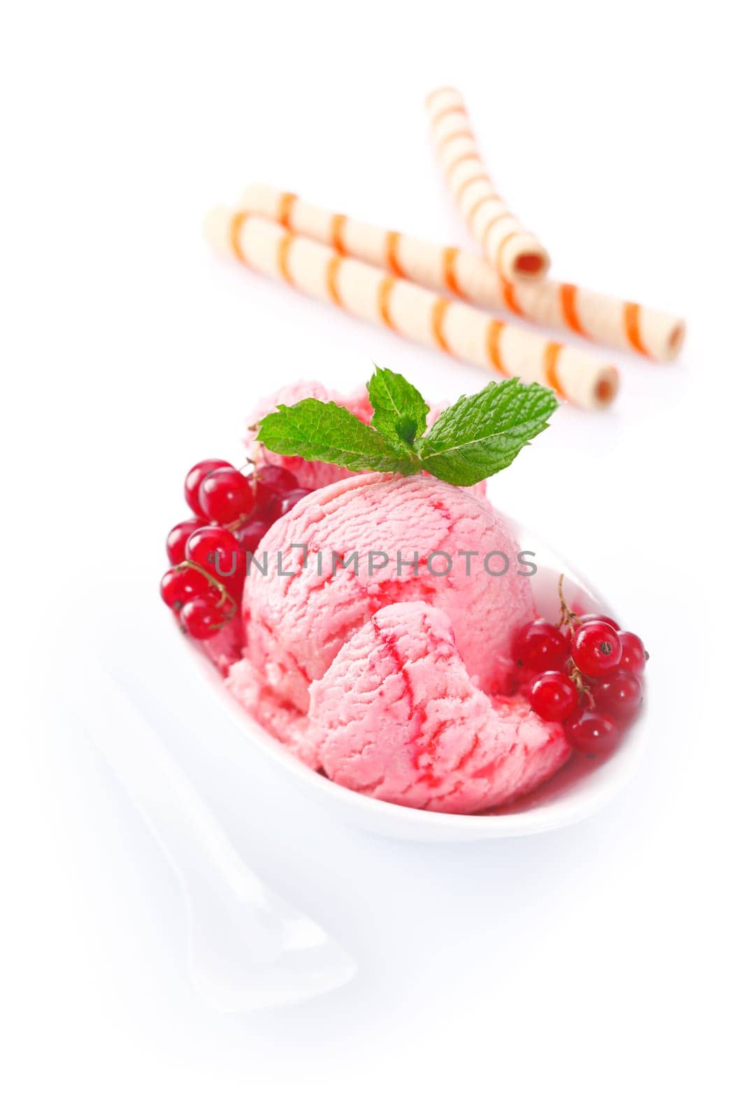 Delicious serving of redcurrant icecream in a white porcelain bowl garnished with whole fresh fruit and mint leaves. For ice-cream concept look at my portfolio