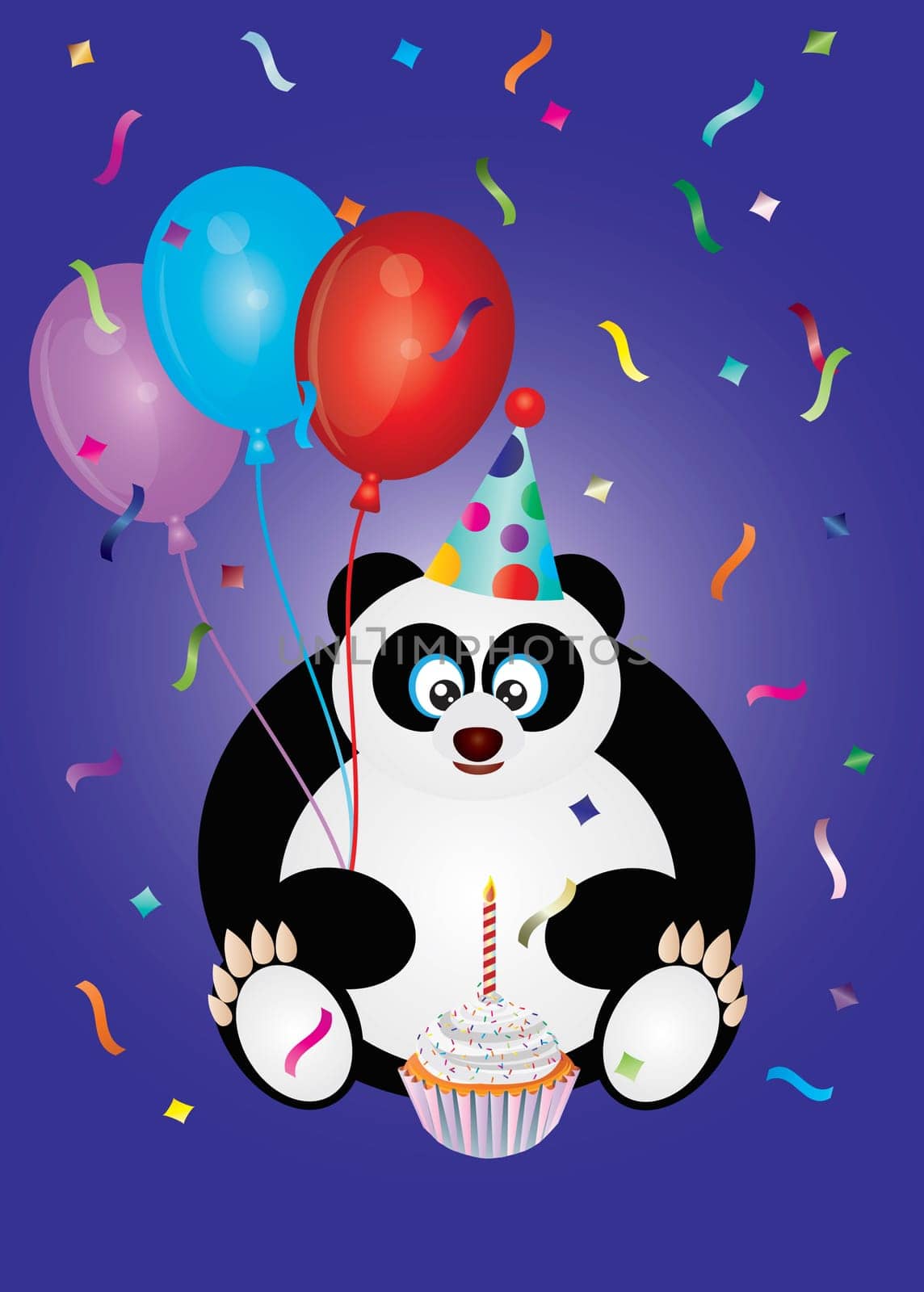 Happy Birthday Panda Bear with Party Hat Balloons and Cupcake Illustration