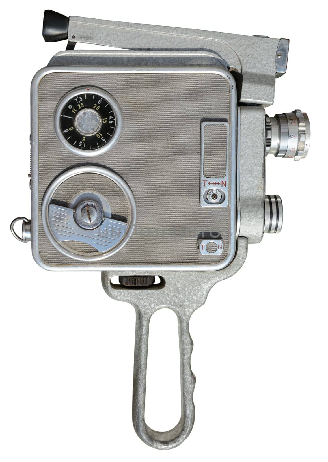 Old silver movie camera, isolated on white.