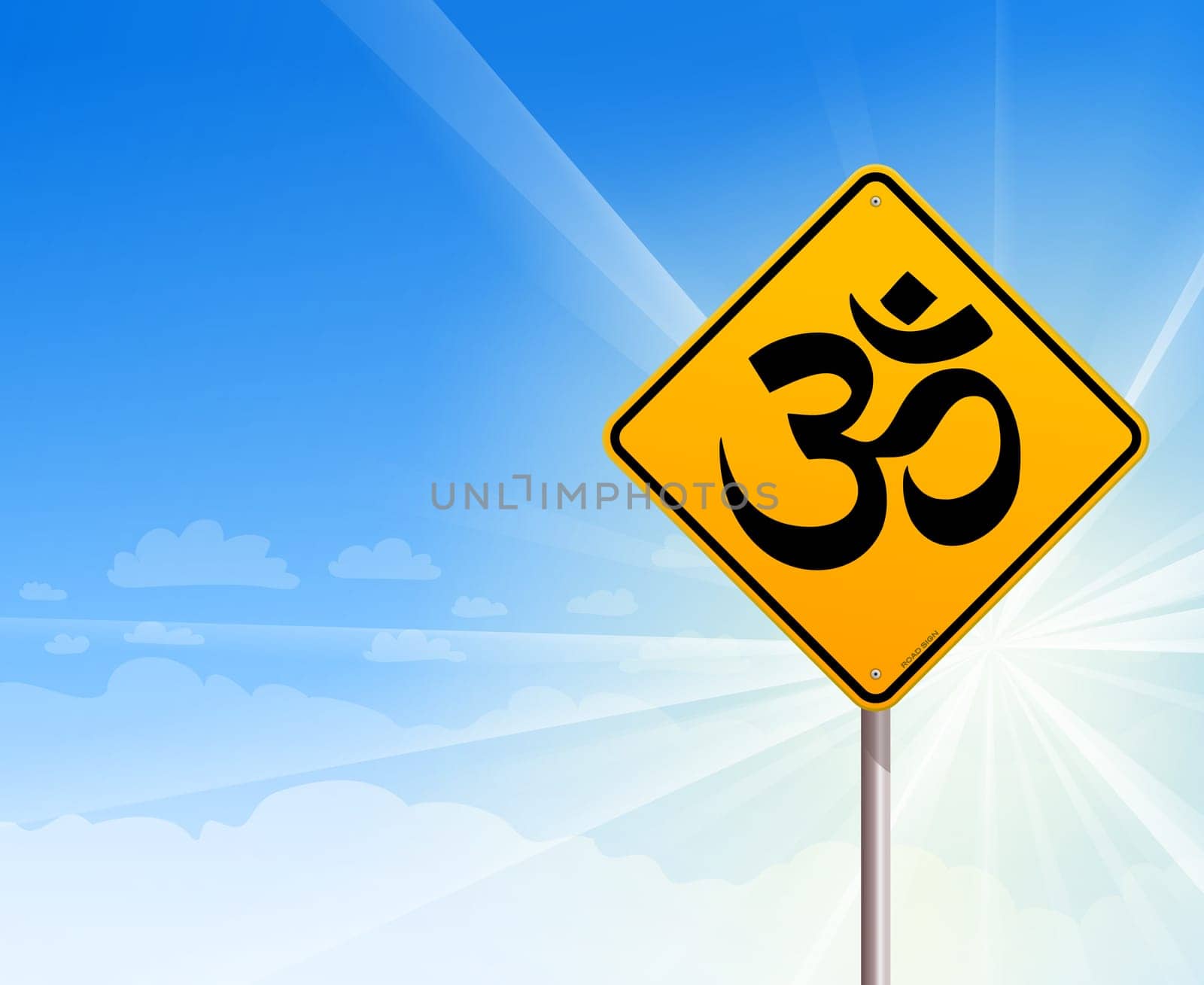 Spiritual symbol on yellow background and with blue sky and sunshine behind