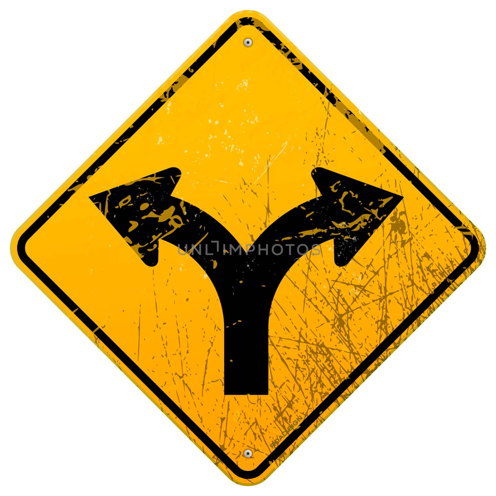 Damaged yellow metallic roadsign with fork symbol
