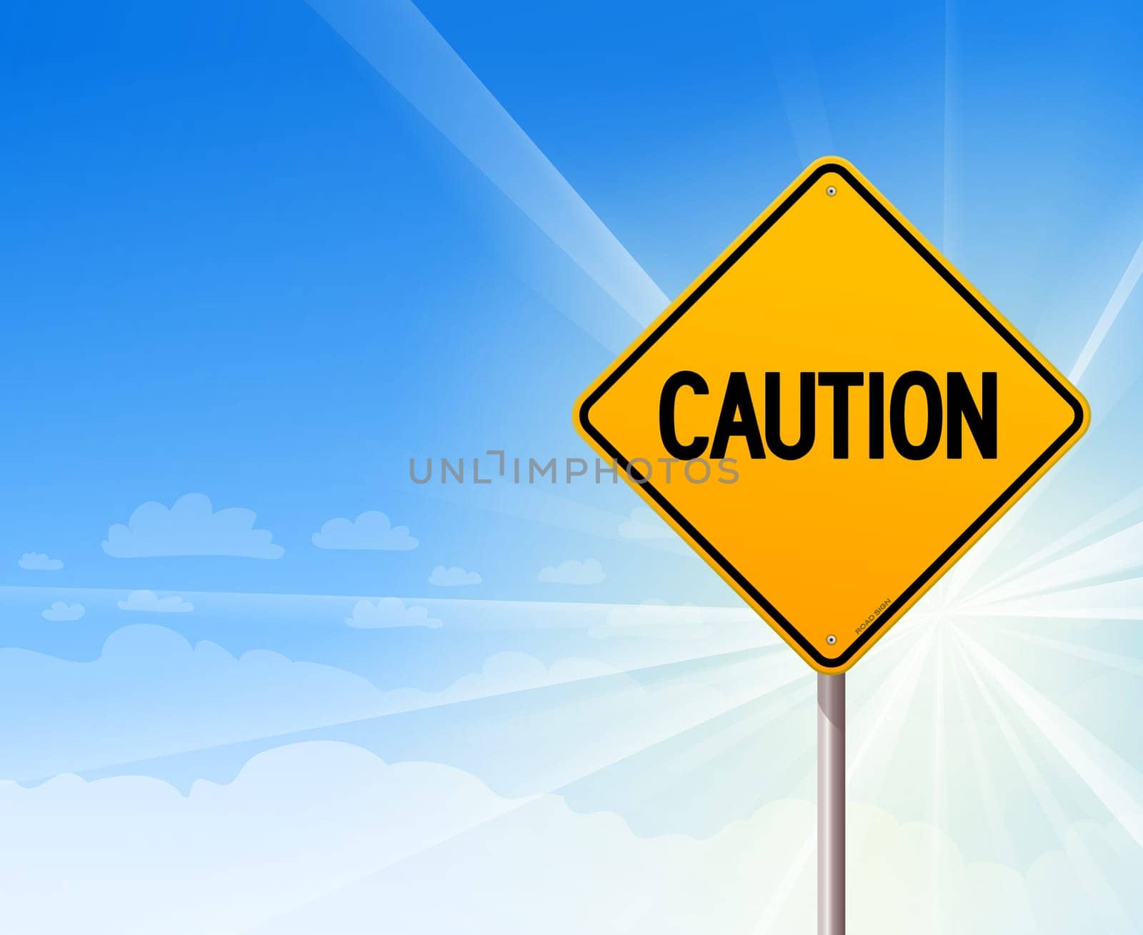 Yellow sign with CAUTION information and sunny blue sky in background
