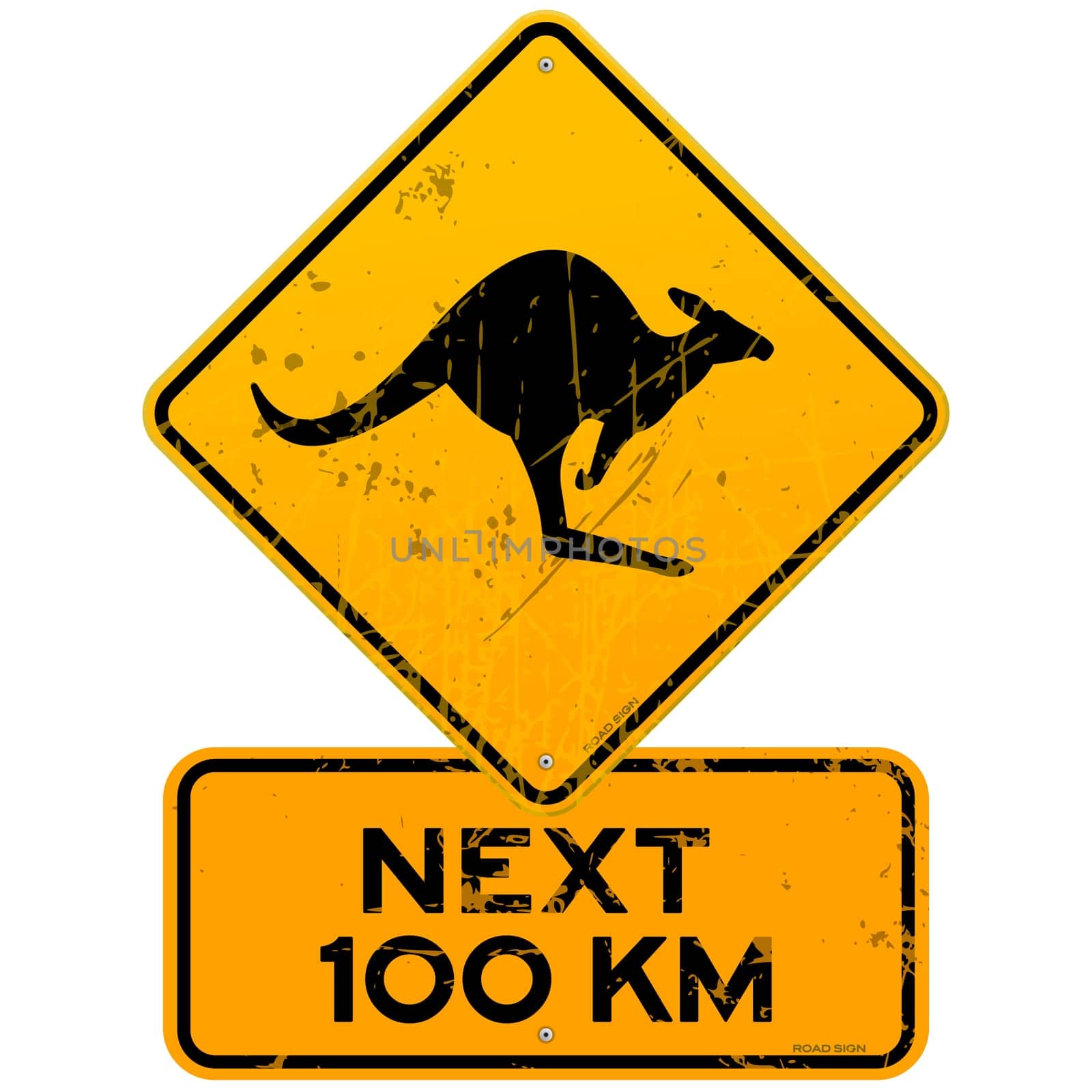 Yellow Kangaroo roadsign with next 100 km additional table