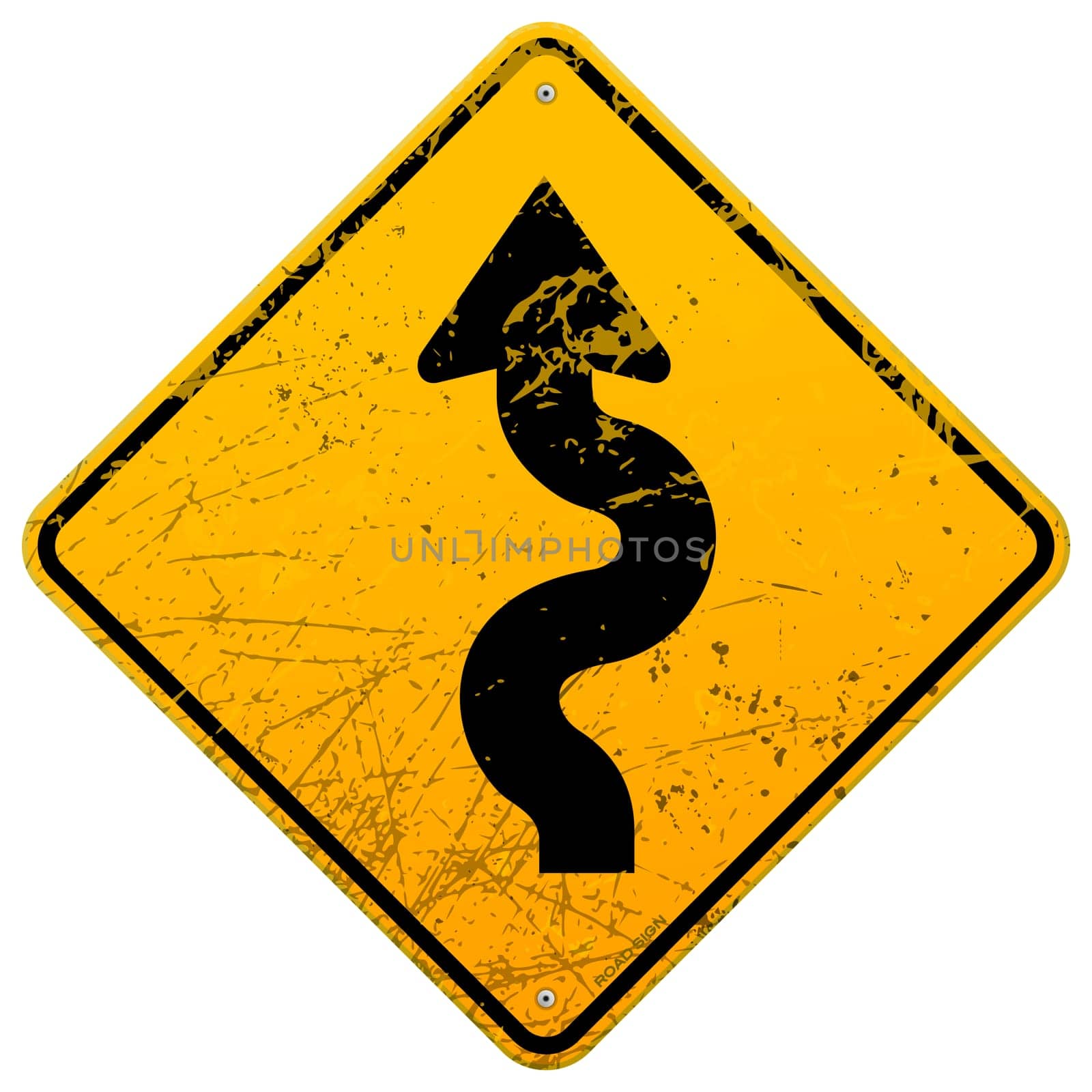 Yellow sign with winding road black symbol