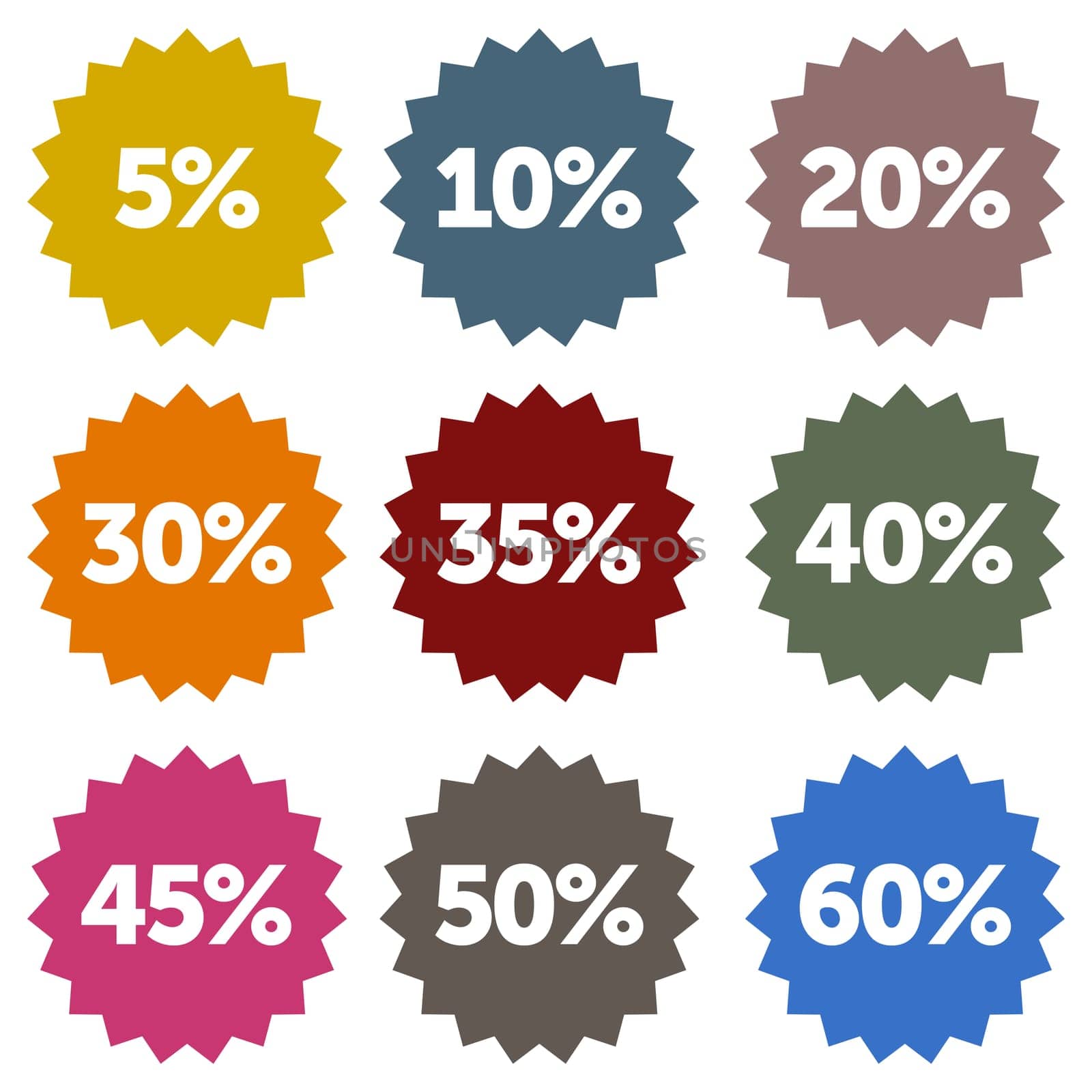 Colorful discount star labels within a nine piece set
