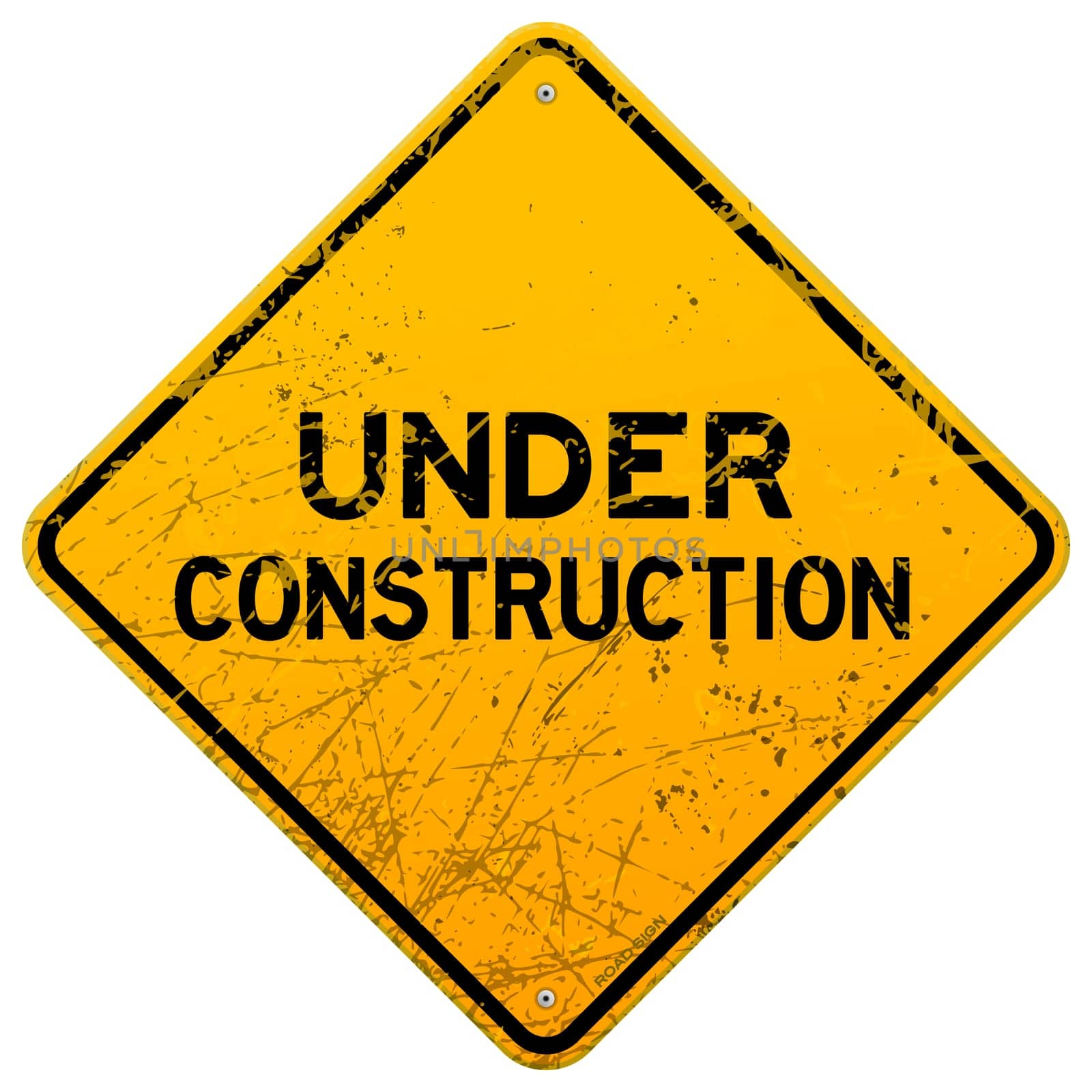 Aged yellow roadsign with dust and scratches and isolated on white background