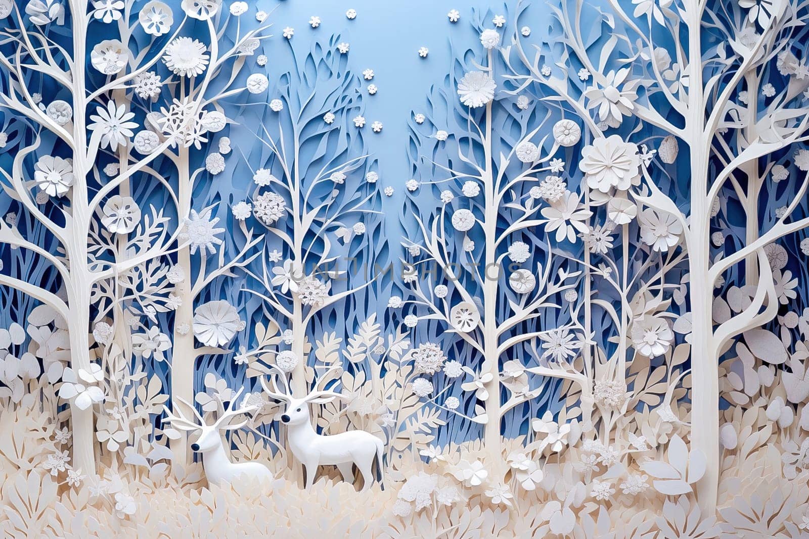 Reindeer in a white New Year's forest cut out of paper. High quality illustration