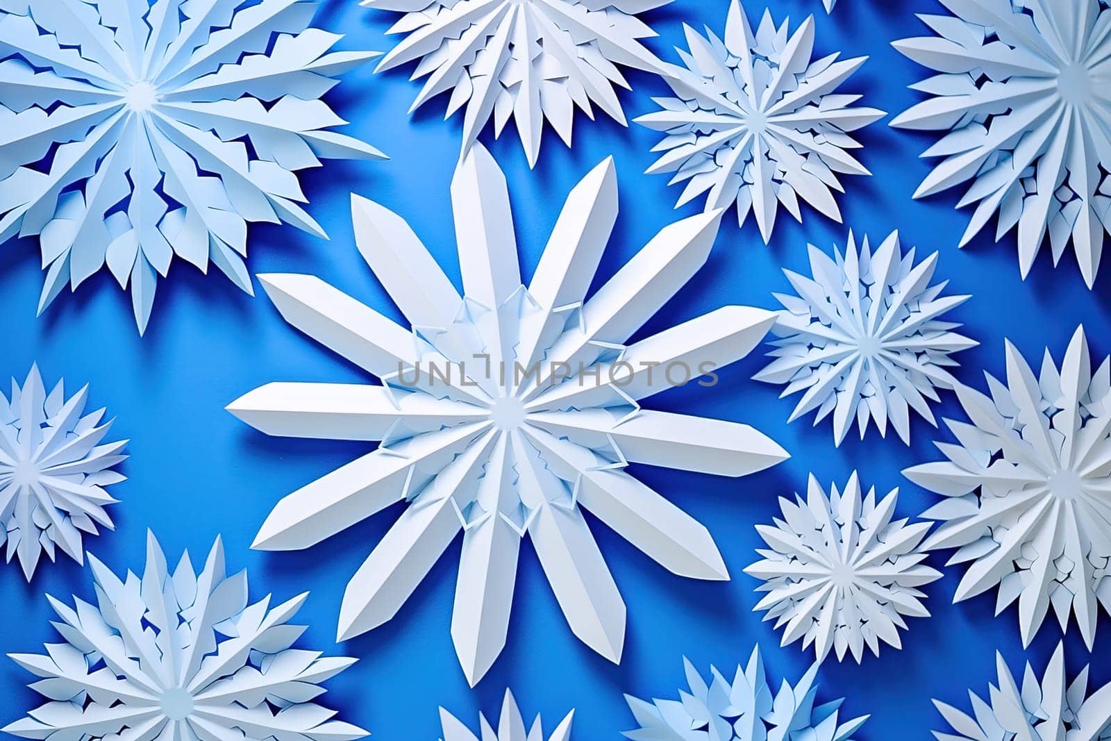 Beautiful white paper cut out snowflakes on a blue background. High quality illustration