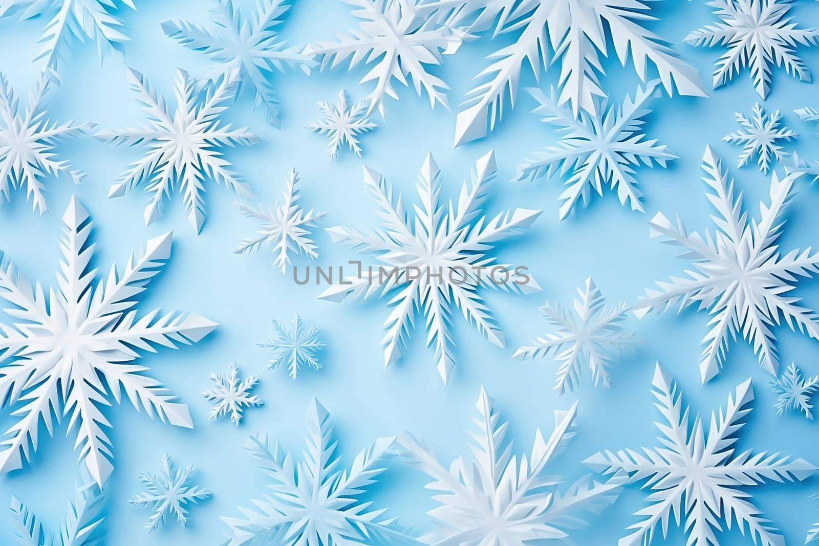 Beautiful white paper cut out snowflakes on a blue background. High quality illustration