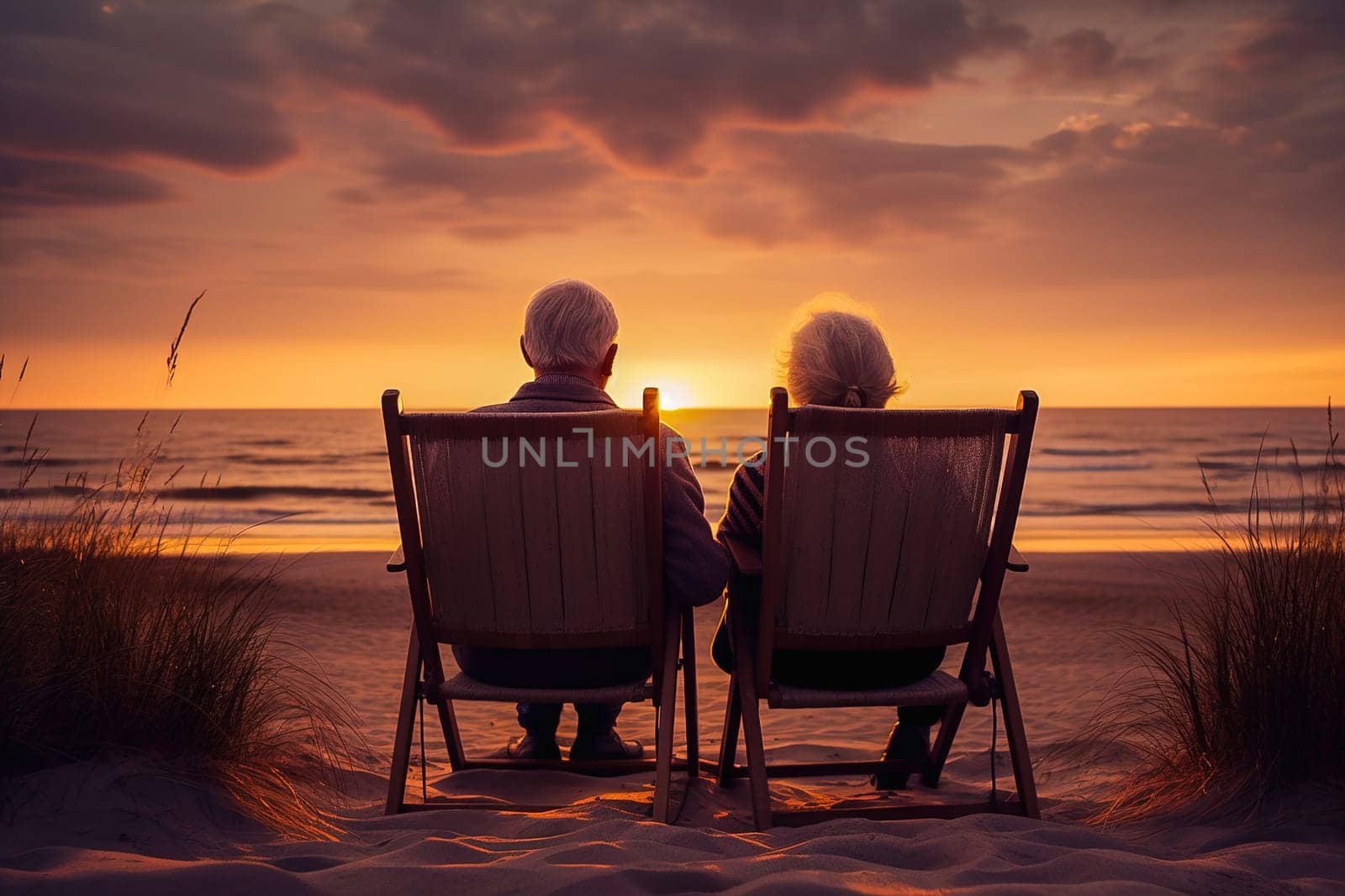 Happy retired couple relaxing on sun loungers near the seashore at sunset. High quality photo