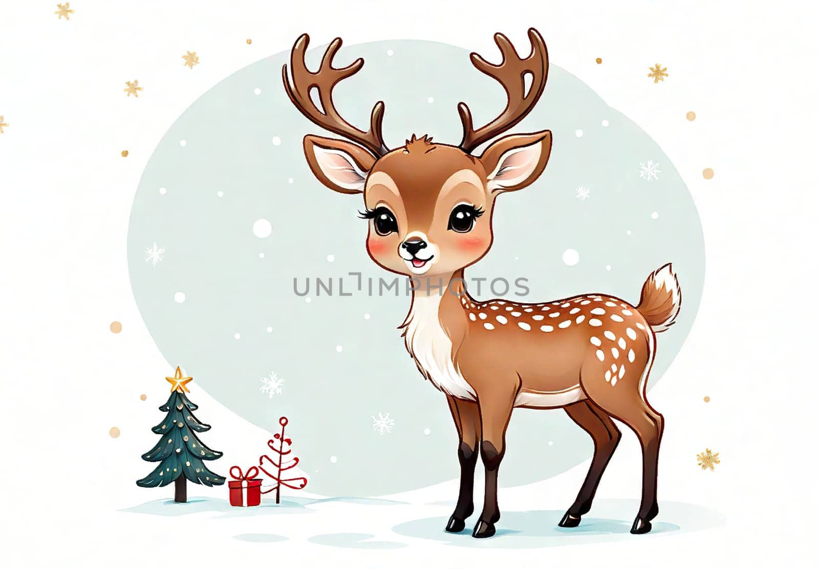 Cartoon cute Christmas reindeer illustration on winter background by EkaterinaPereslavtseva