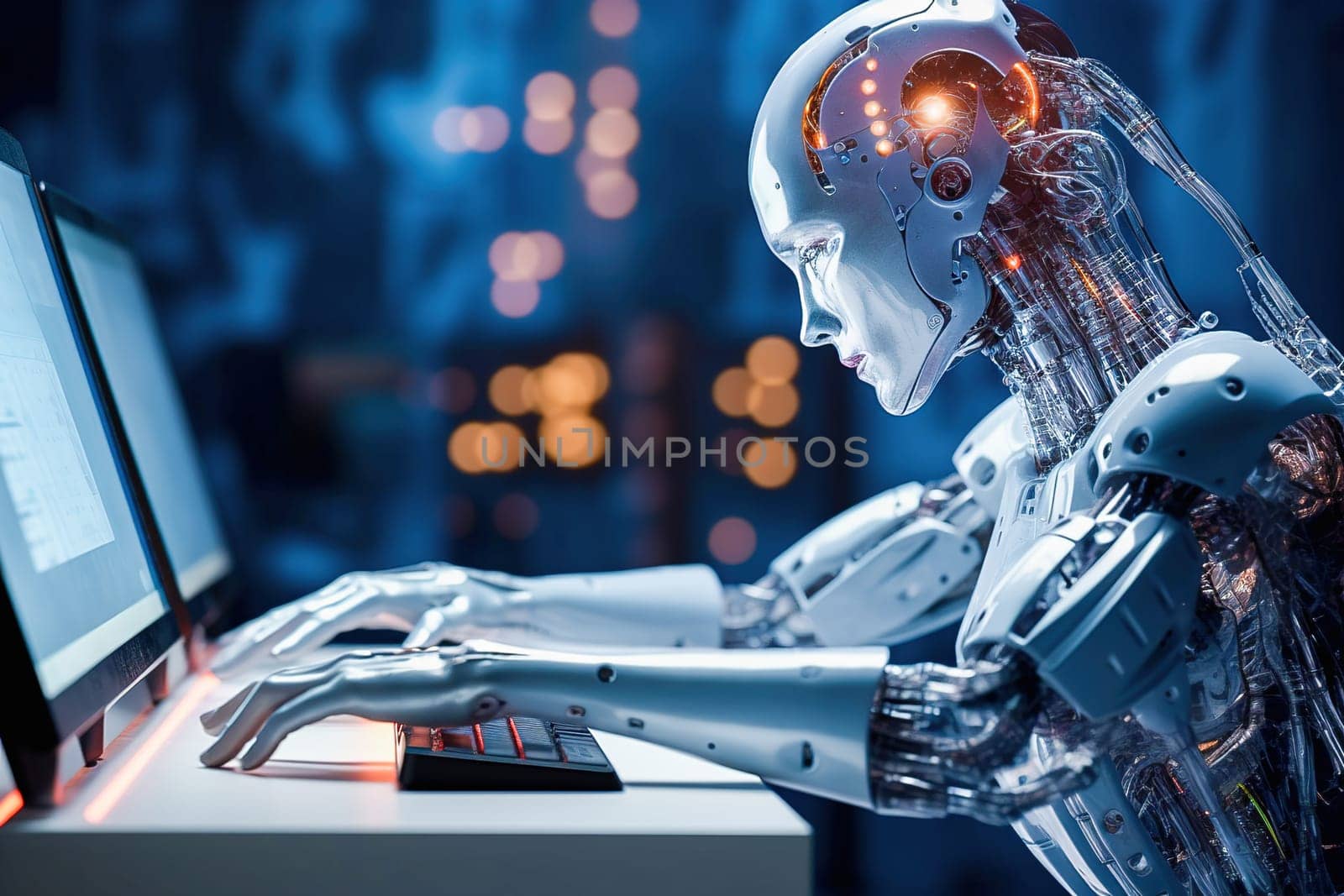 The humanoid robot works on a computer keyboard. High quality illustration