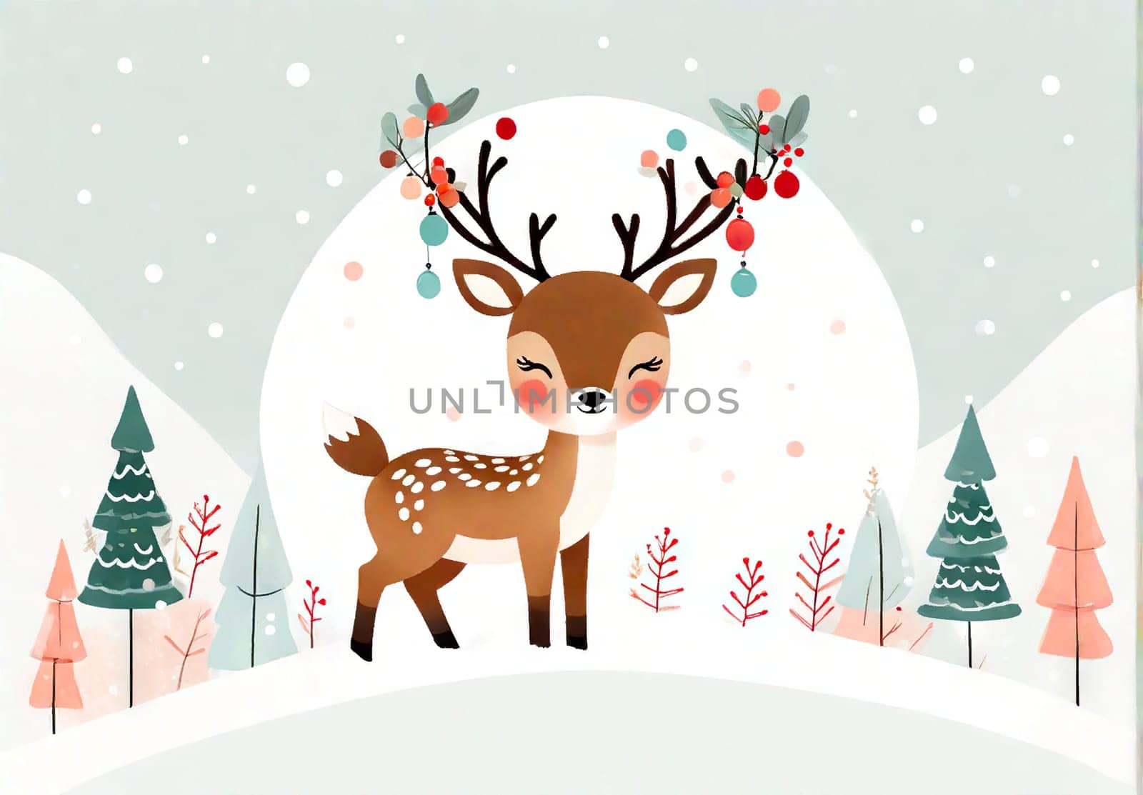 Cartoon cute Christmas reindeer illustration on winter background by EkaterinaPereslavtseva