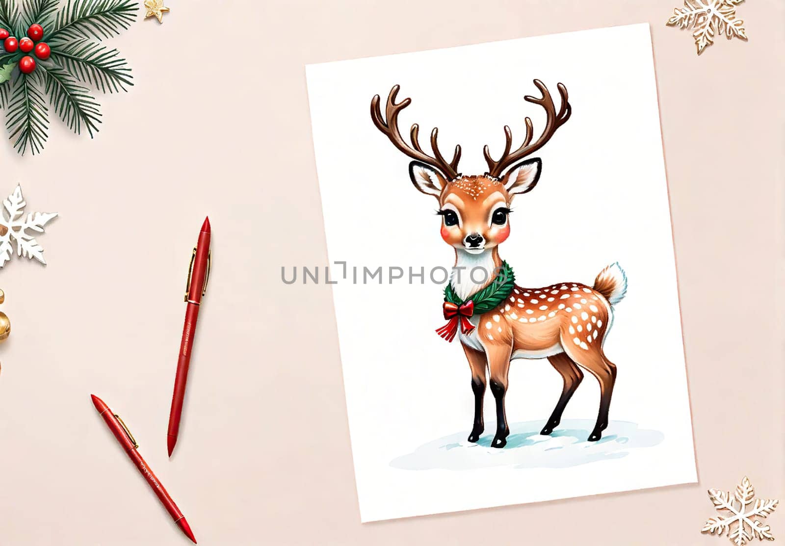 Cartoon cute Christmas reindeer illustration on winter background by EkaterinaPereslavtseva