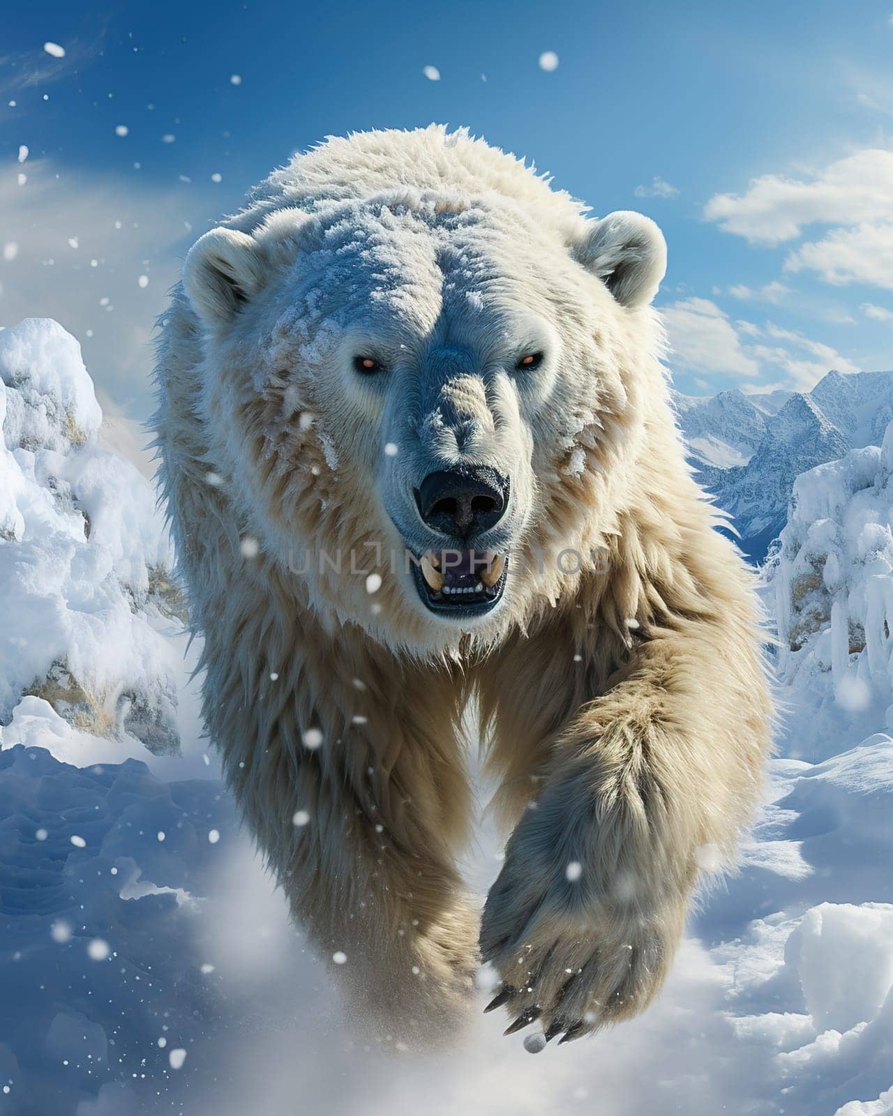 Portrait of a polar bear running through the snow. High quality photo