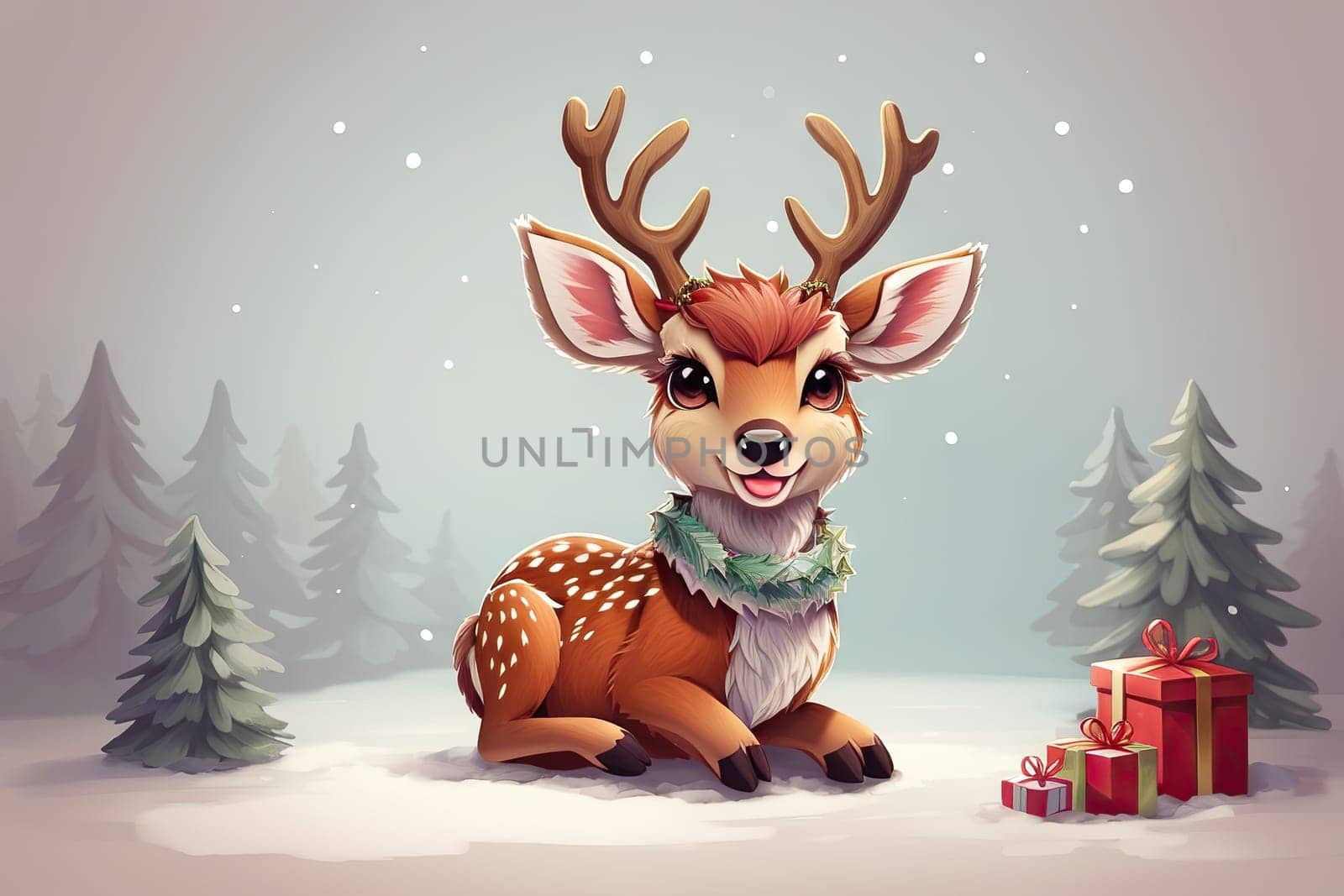 cute cartoon Christmas deer on background. Cute animals with Christmas tree and presents by EkaterinaPereslavtseva